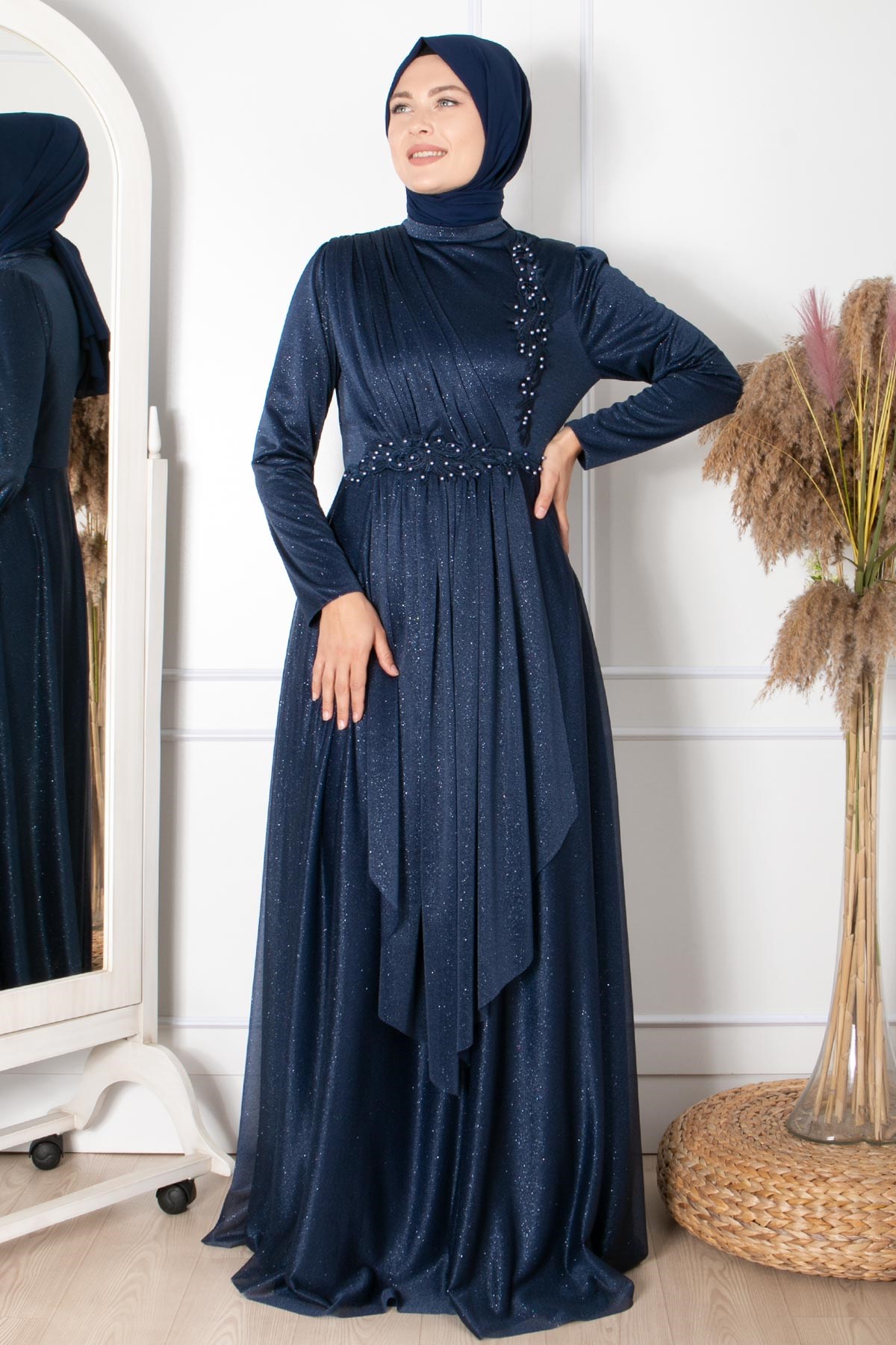 Güpür Detaylı Simli AbiyeFHM862-LACİVERTFahima