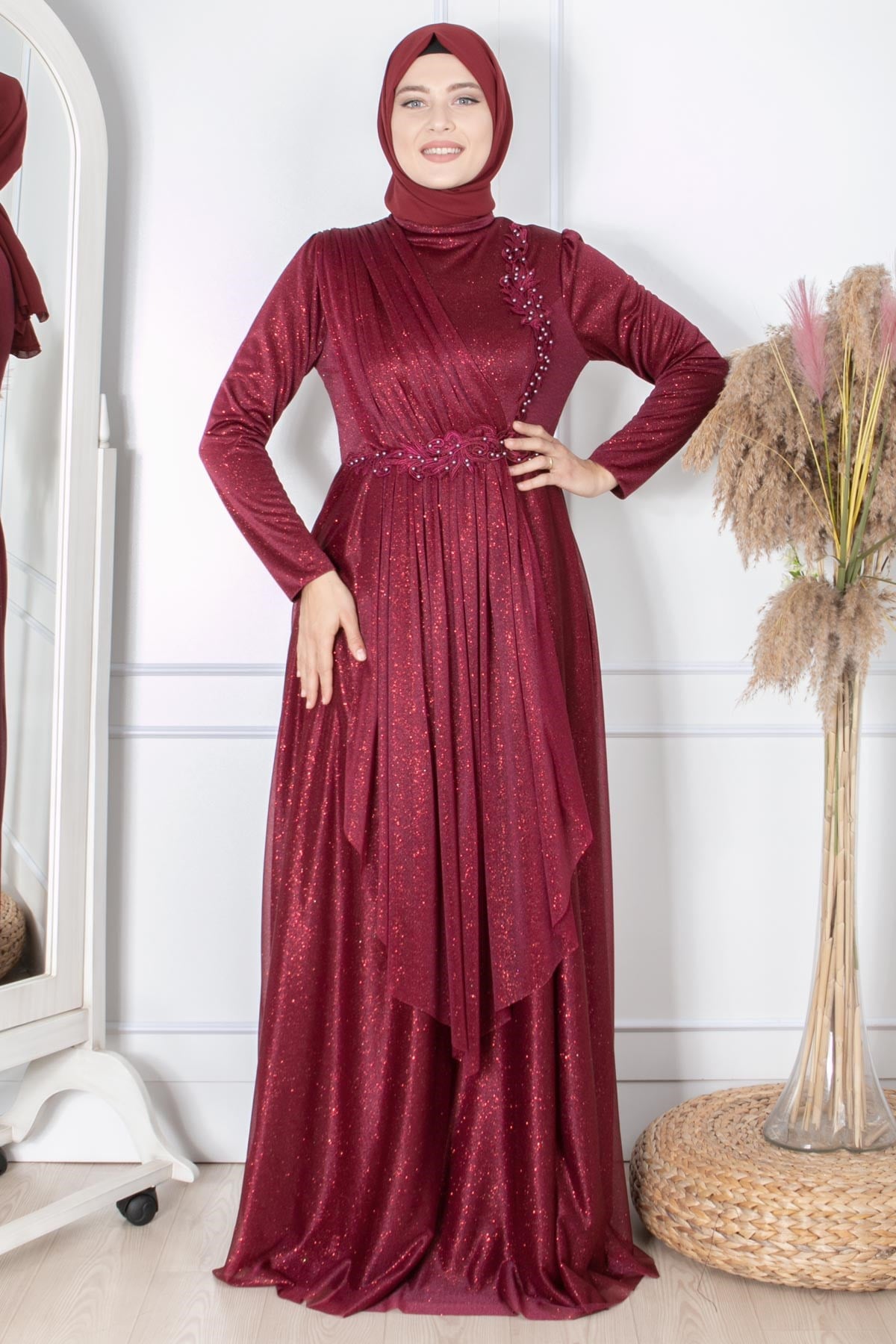 Güpür Detaylı Simli AbiyeFHM862-MÜRDÜMFahima