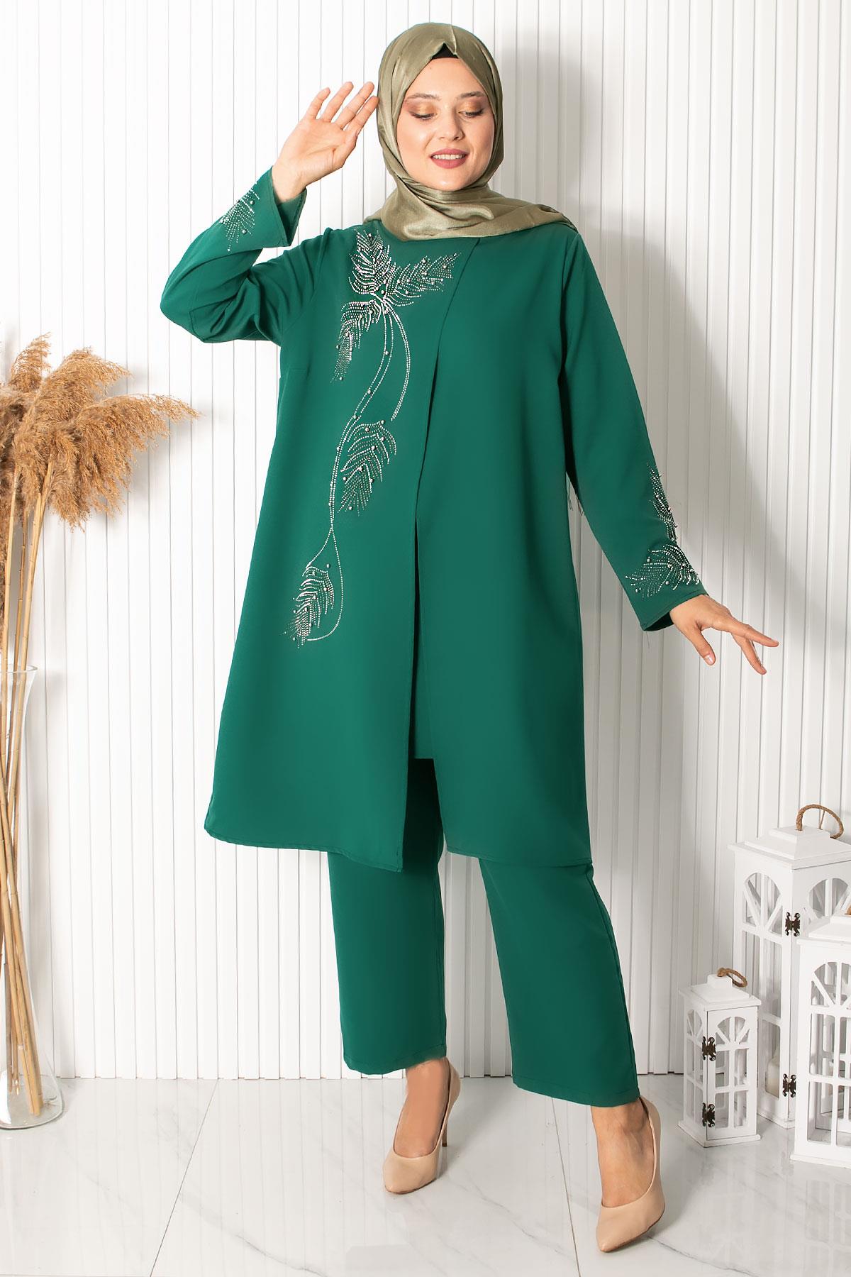 Stone Embroidered Double Set Emerald FHM888FHM890-ZÜMRÜTFahima