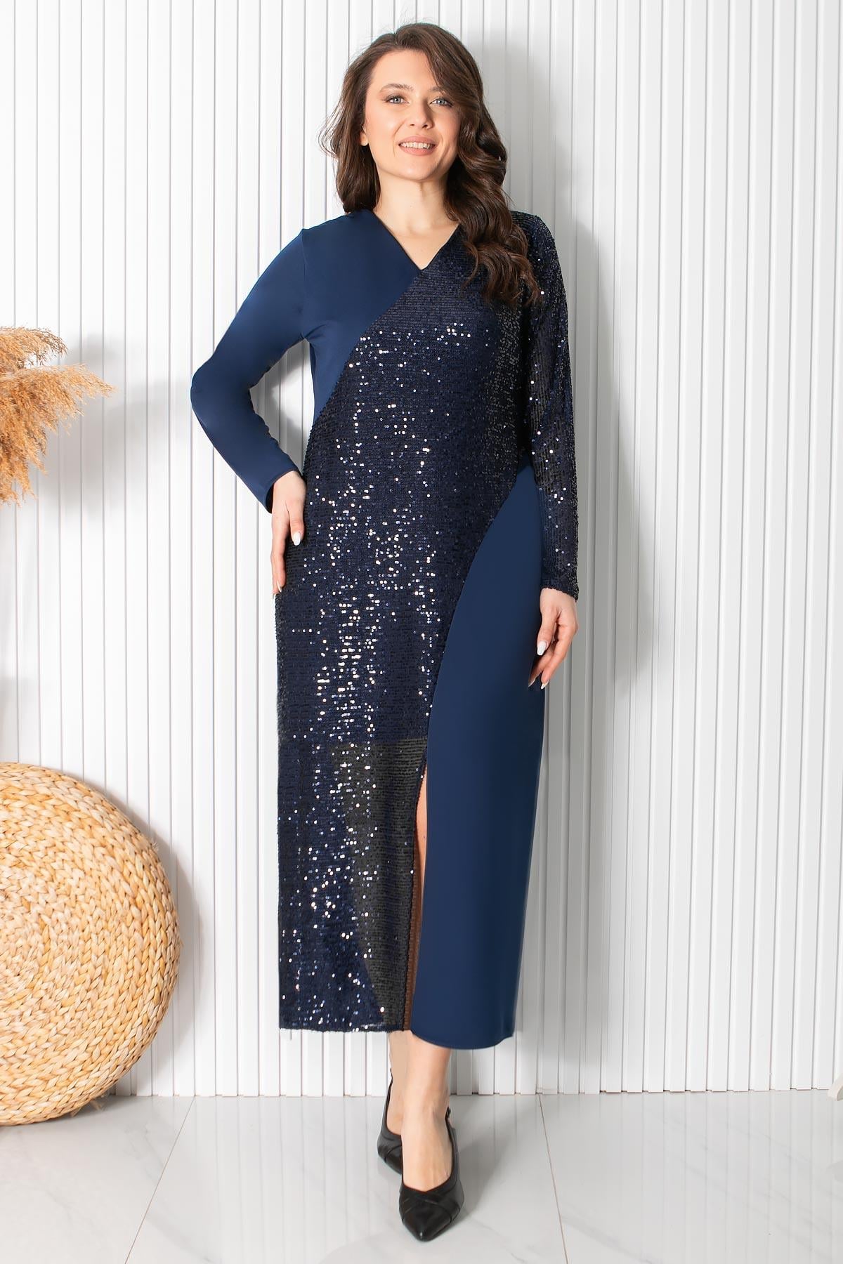 PUL PAYET DETAYLI ABİYE ELBİSEFHM920-LACİVERTFahima