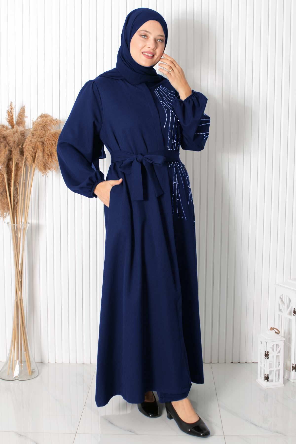 TAŞ BASKILI KEMERLİ FERACEFHM926-LACİVERTFahima