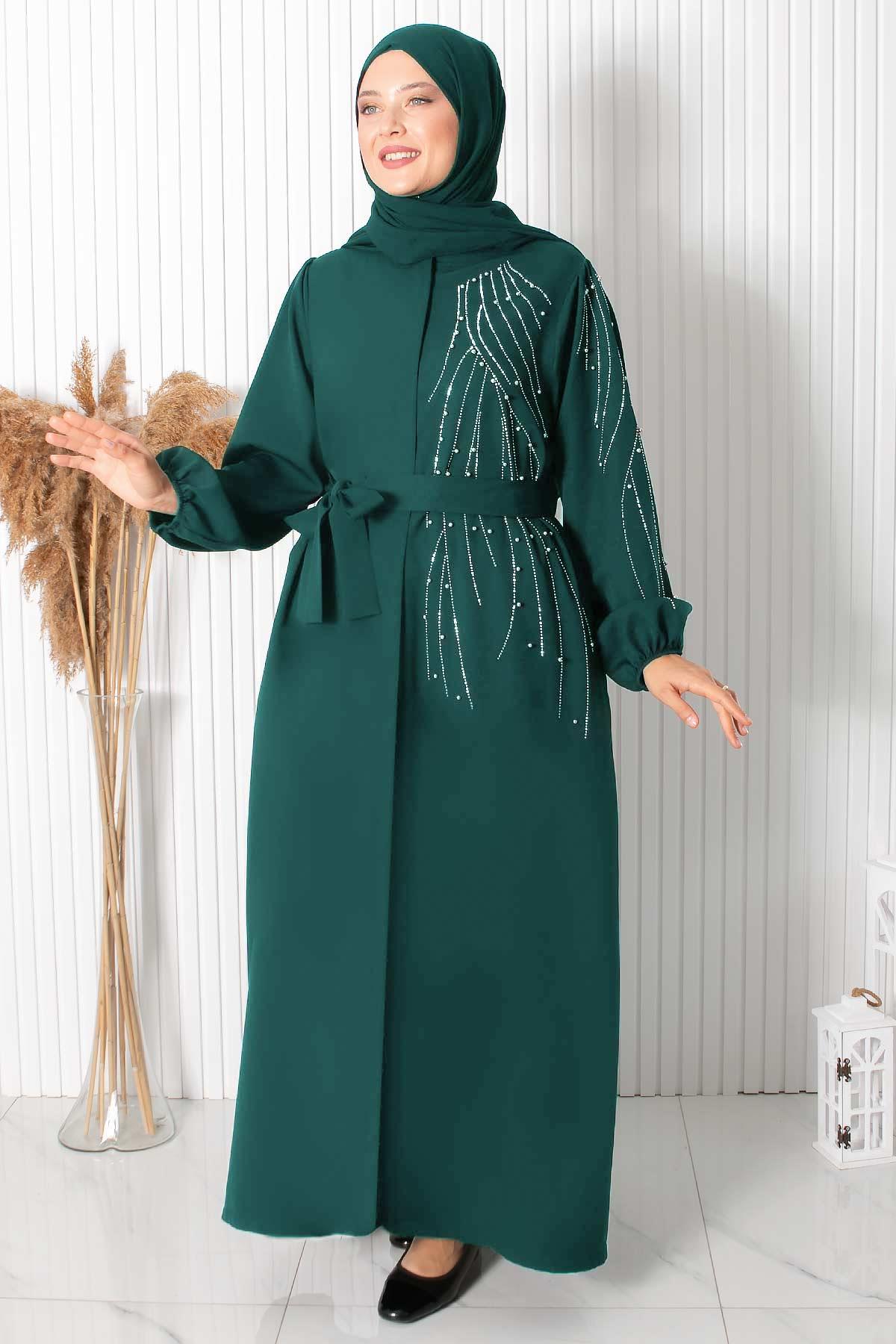 TAŞ BASKILI KEMERLİ FERACEFHM926-ZÜMRÜTFahima