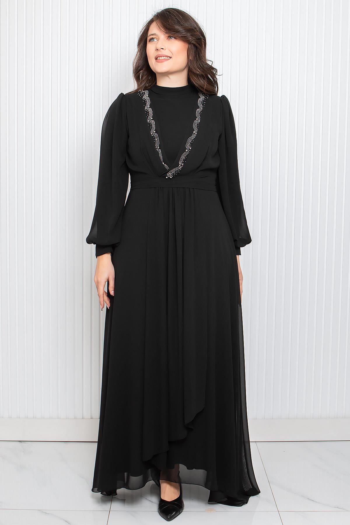 TAŞ BASKI DETAYLI ŞİFON ABİYEFHM950-SİYAHFahima