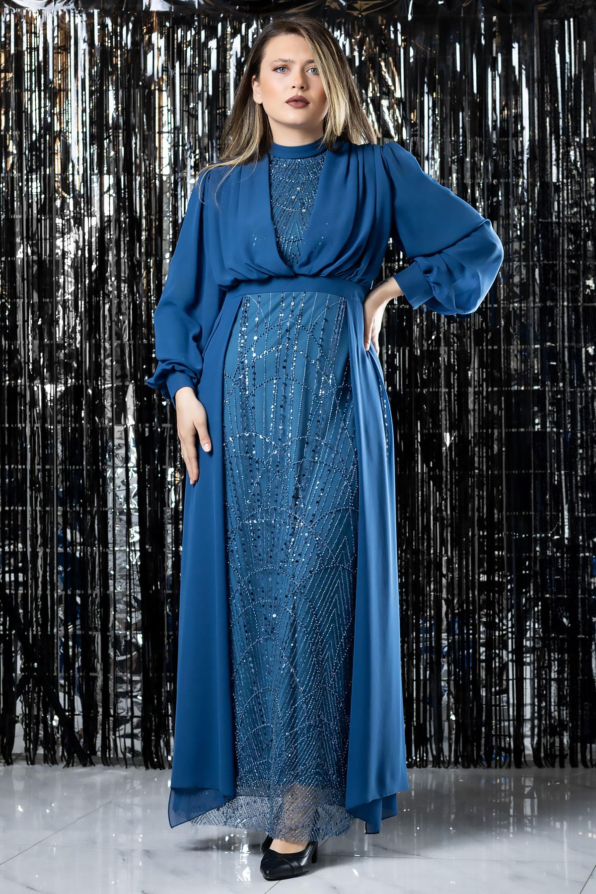 TAŞ BASKI DETAYLI ŞİFON ABİYE ELBİSEFHM954-İNDİGOFahima