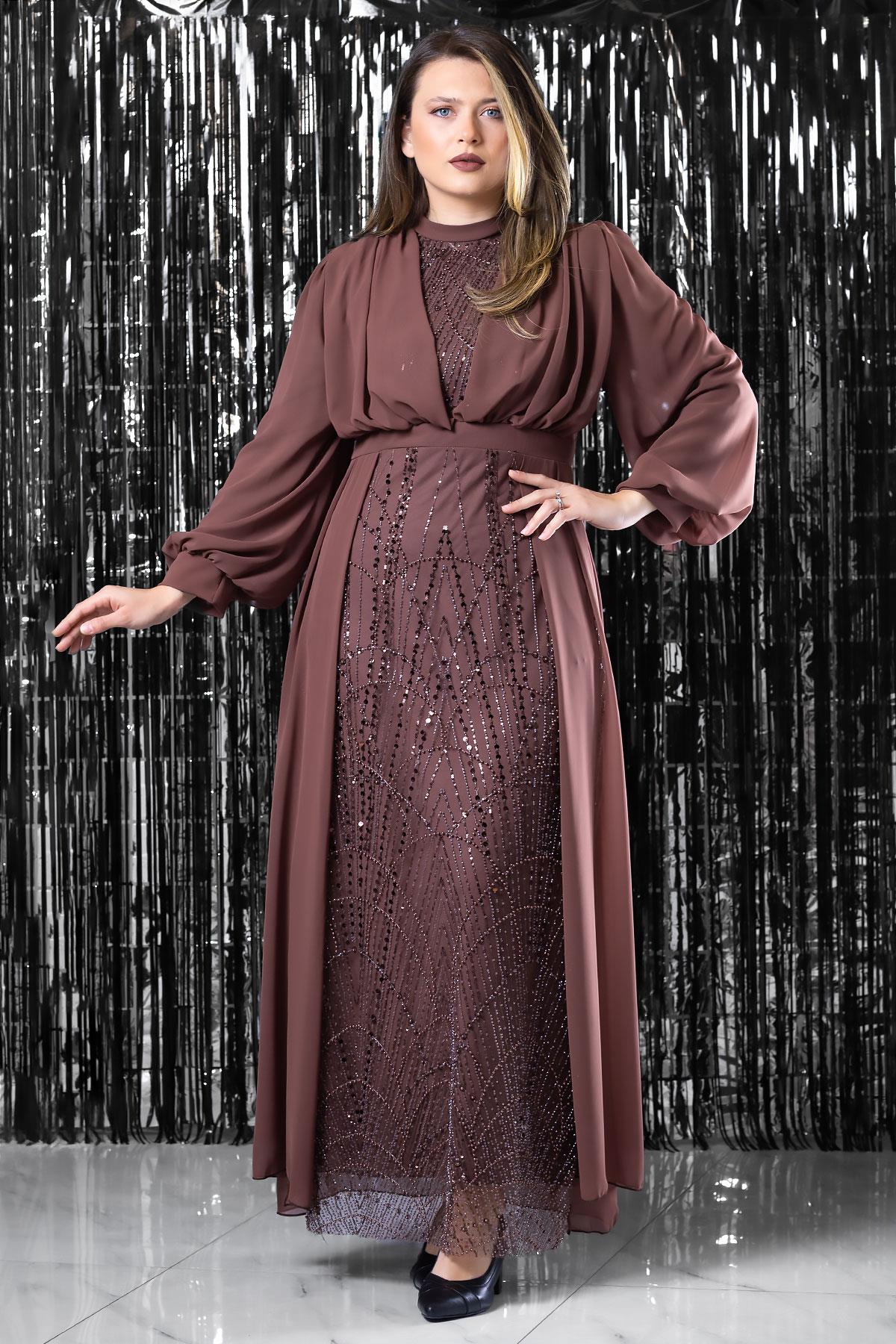 TAŞ BASKI DETAYLI ŞİFON ABİYE ELBİSEFHM954-KAHVERENGİFahima