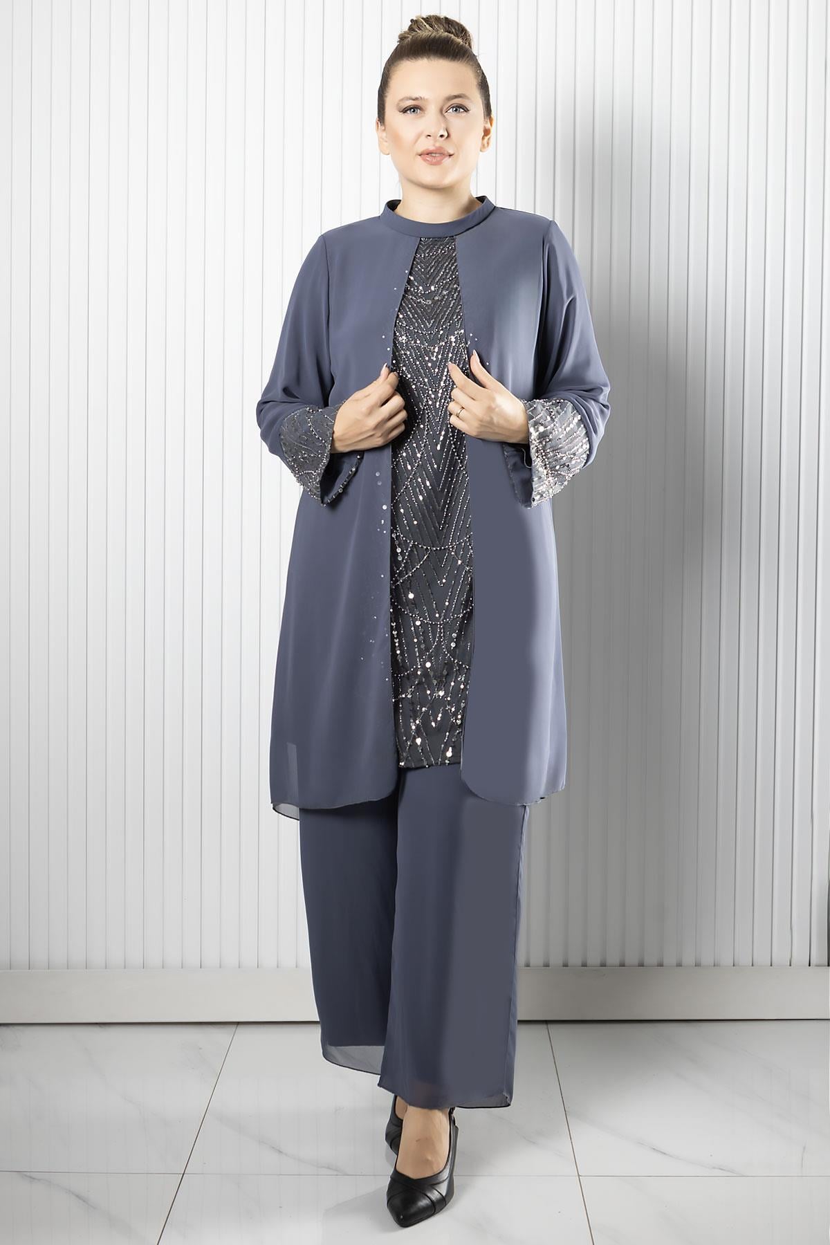 Taş Payet İşlemeli Şifon Pantalon Tunik TakımFHM966-GRİFahima