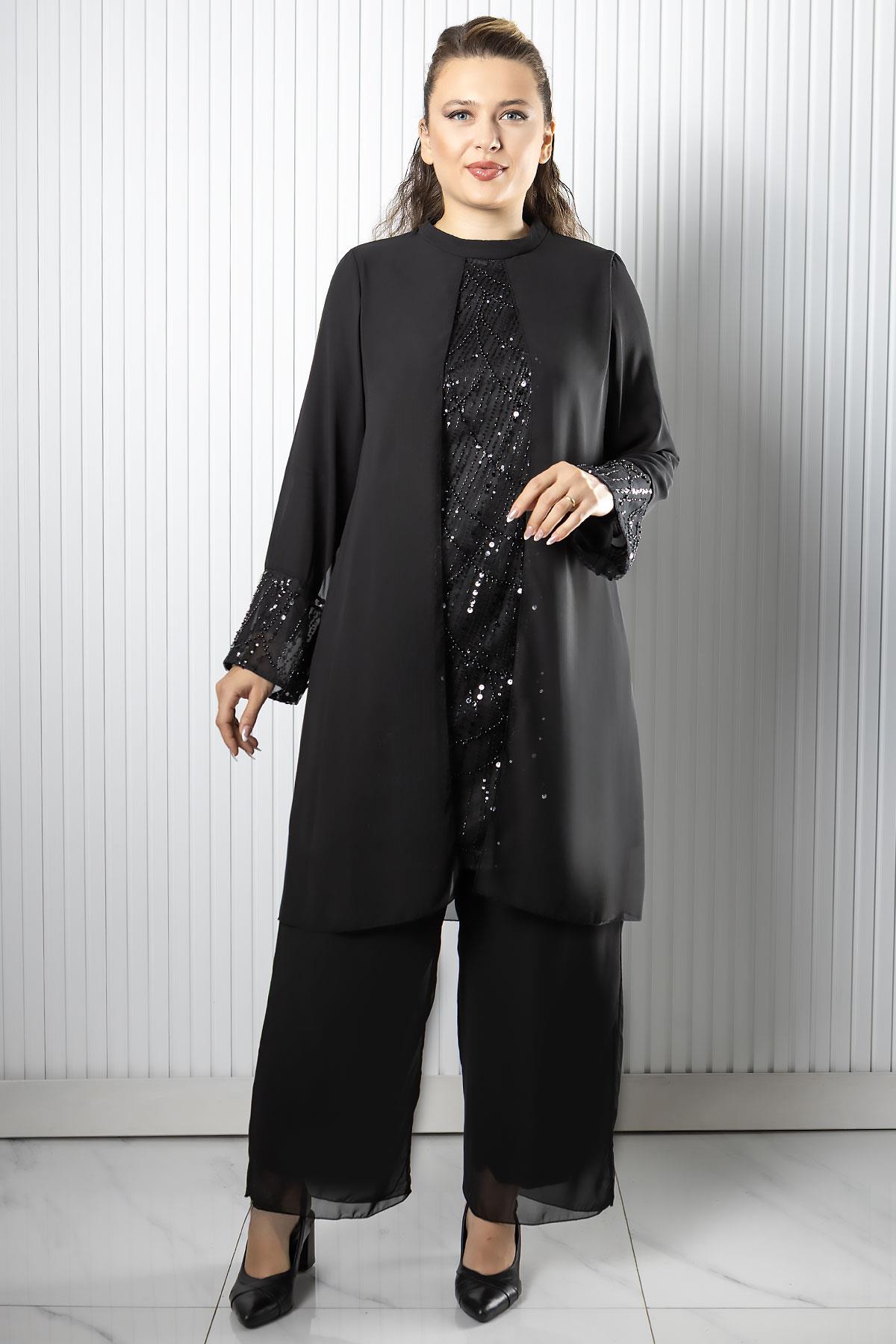 Taş Payet İşlemeli Şifon Pantalon Tunik TakımFHM966-SİYAHFahima
