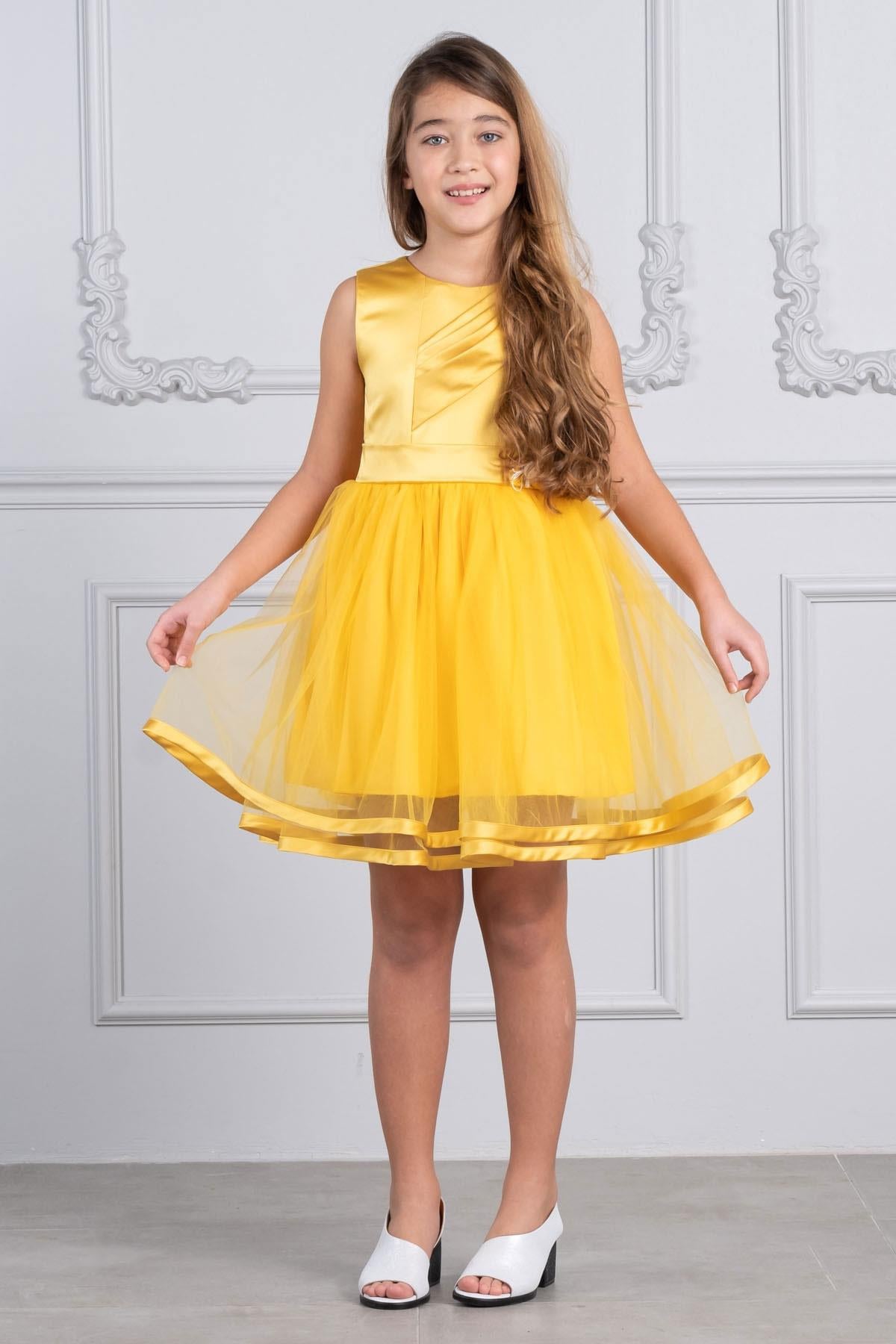 KIZ ÇOCUK SATEN VE TÜL ABİYE ELBİSEKVC996-SARIKıvanç Çocuk