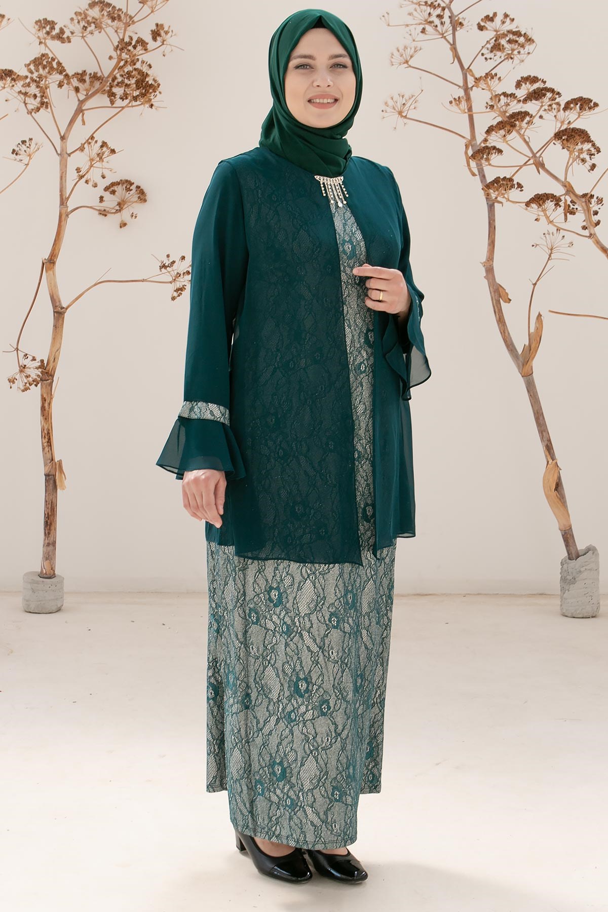 Kolyeli Dantel Detaylı Abiye Zümrüt  MDA2113MDA2113-ZÜMRÜTMDA