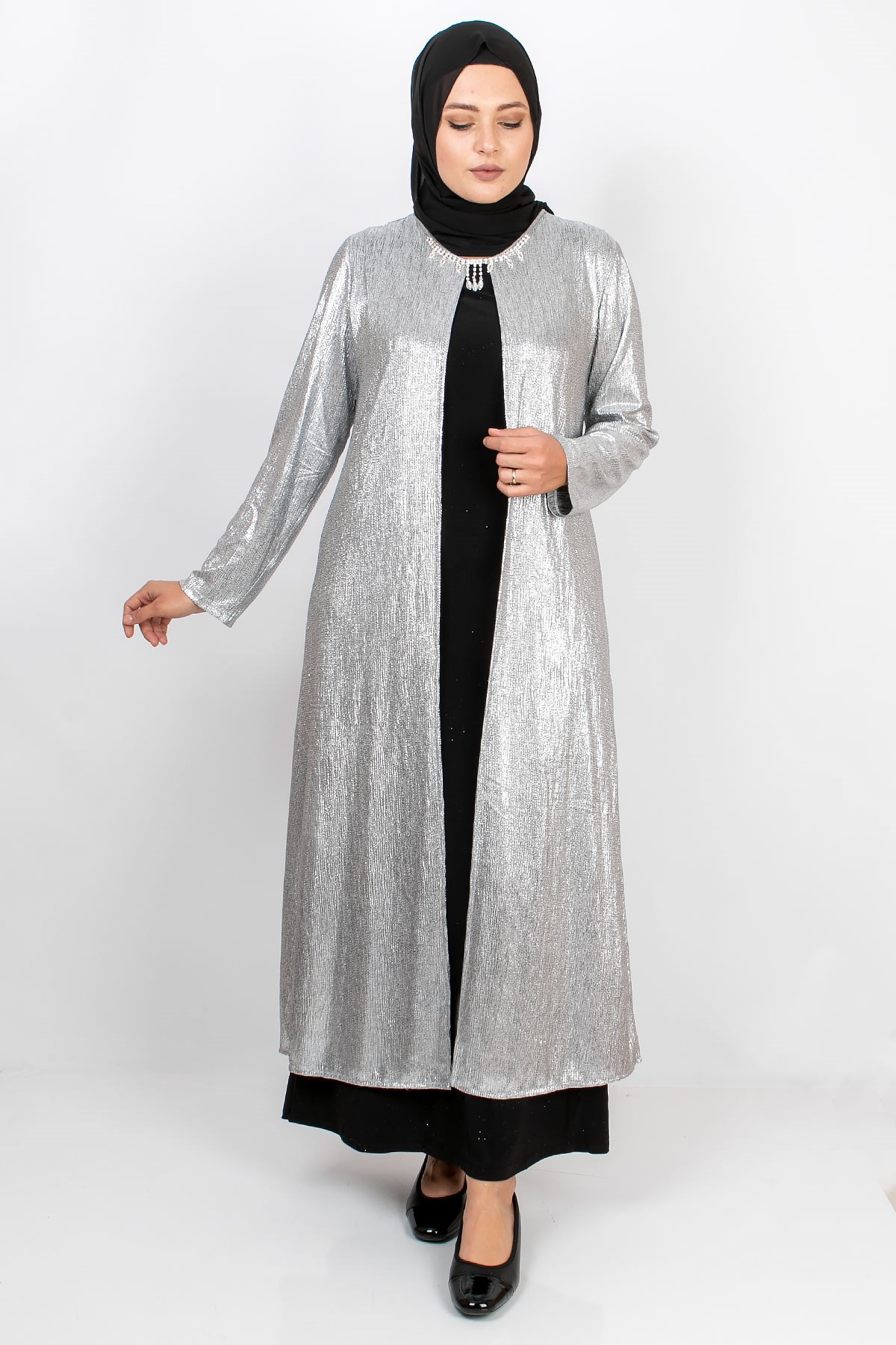 Capped Necklace Detailed Evening Dress Silver MDA2123MDA2123-GÜMÜŞMDA