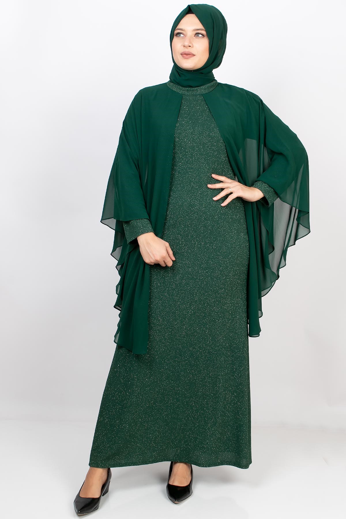 Pelerinli Simli Abiye Zümrüt MDA2133MDA2133-ZÜMRÜTMDA