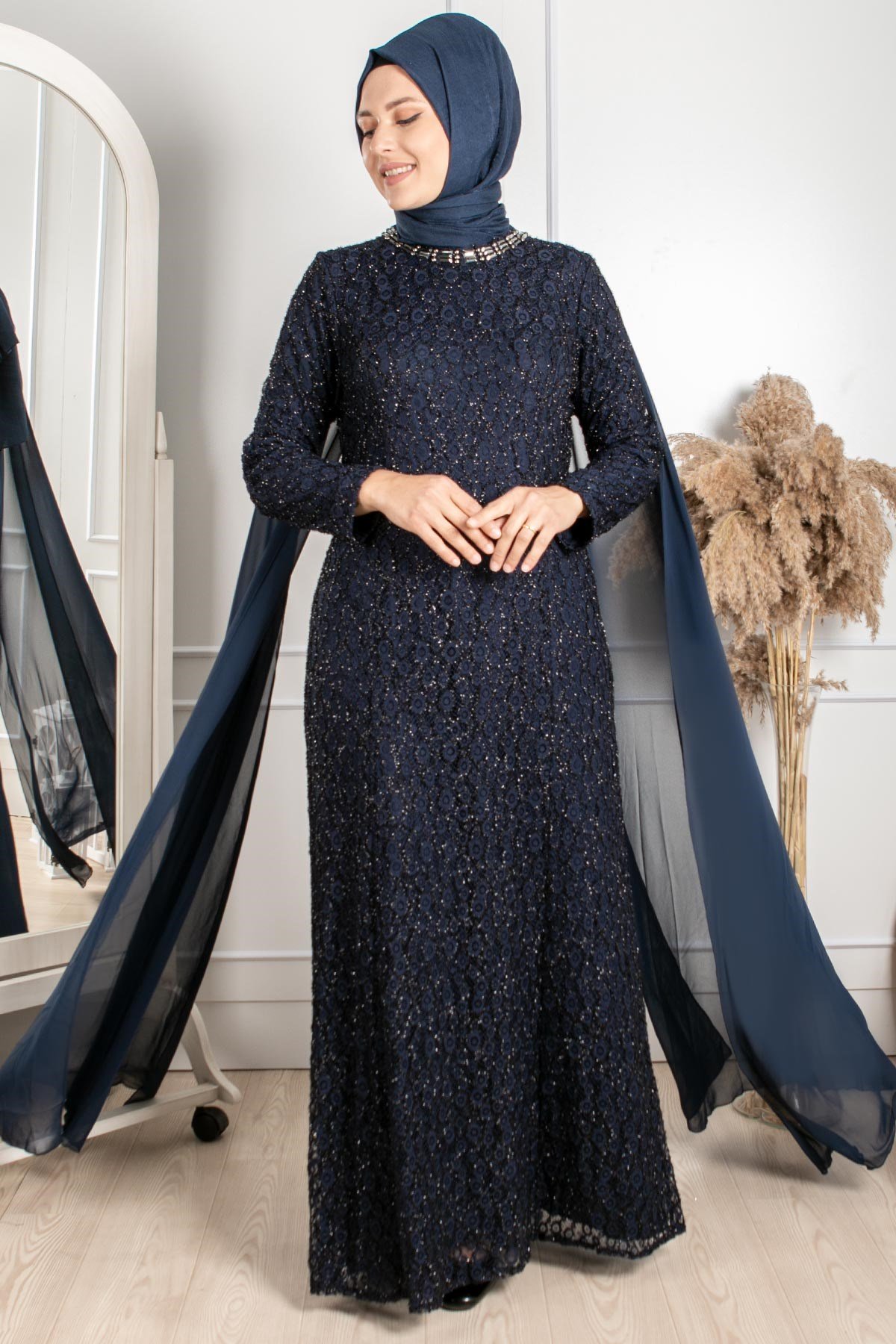 Robes de Soiree Cape Detail Bleu MarinMDA2149