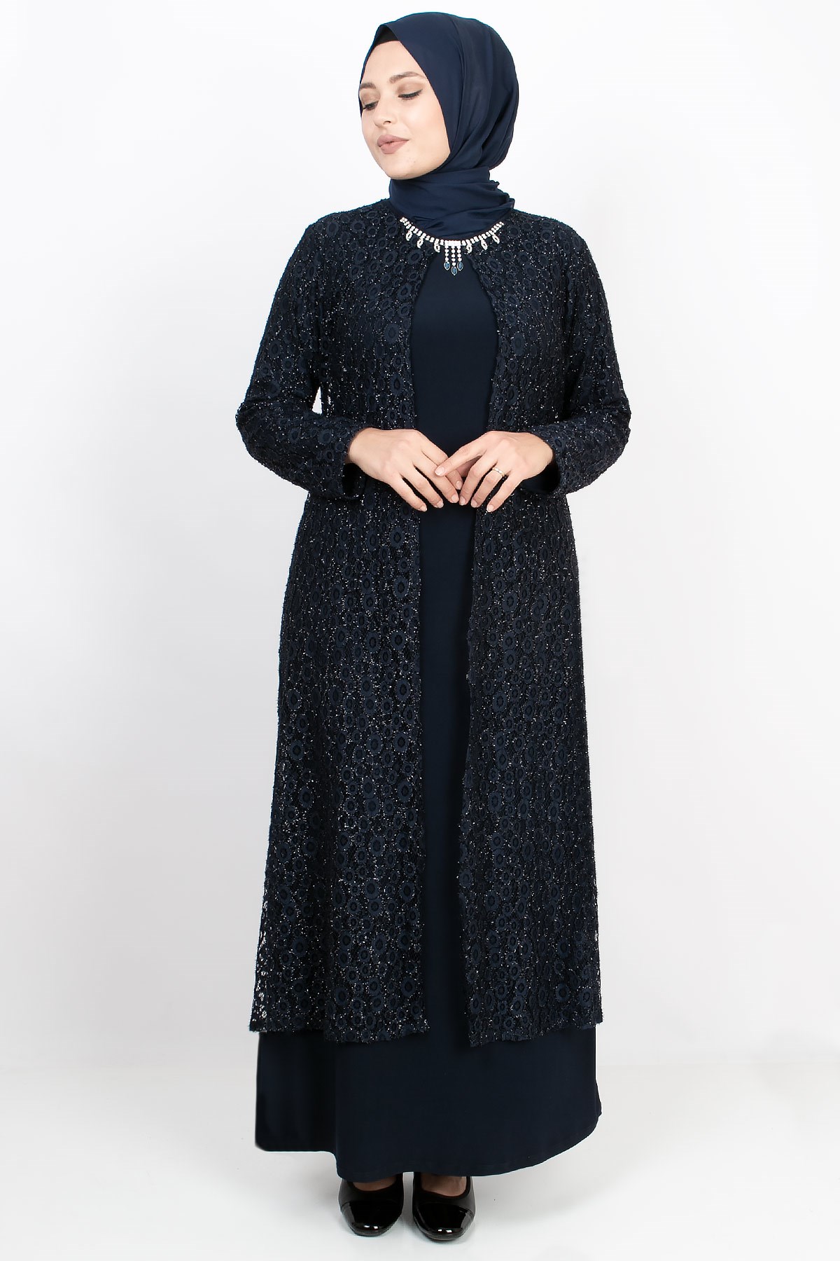 PAYET İŞLEMELİ SİMLİ ABİYEMDA2163-LACİVERTMDA