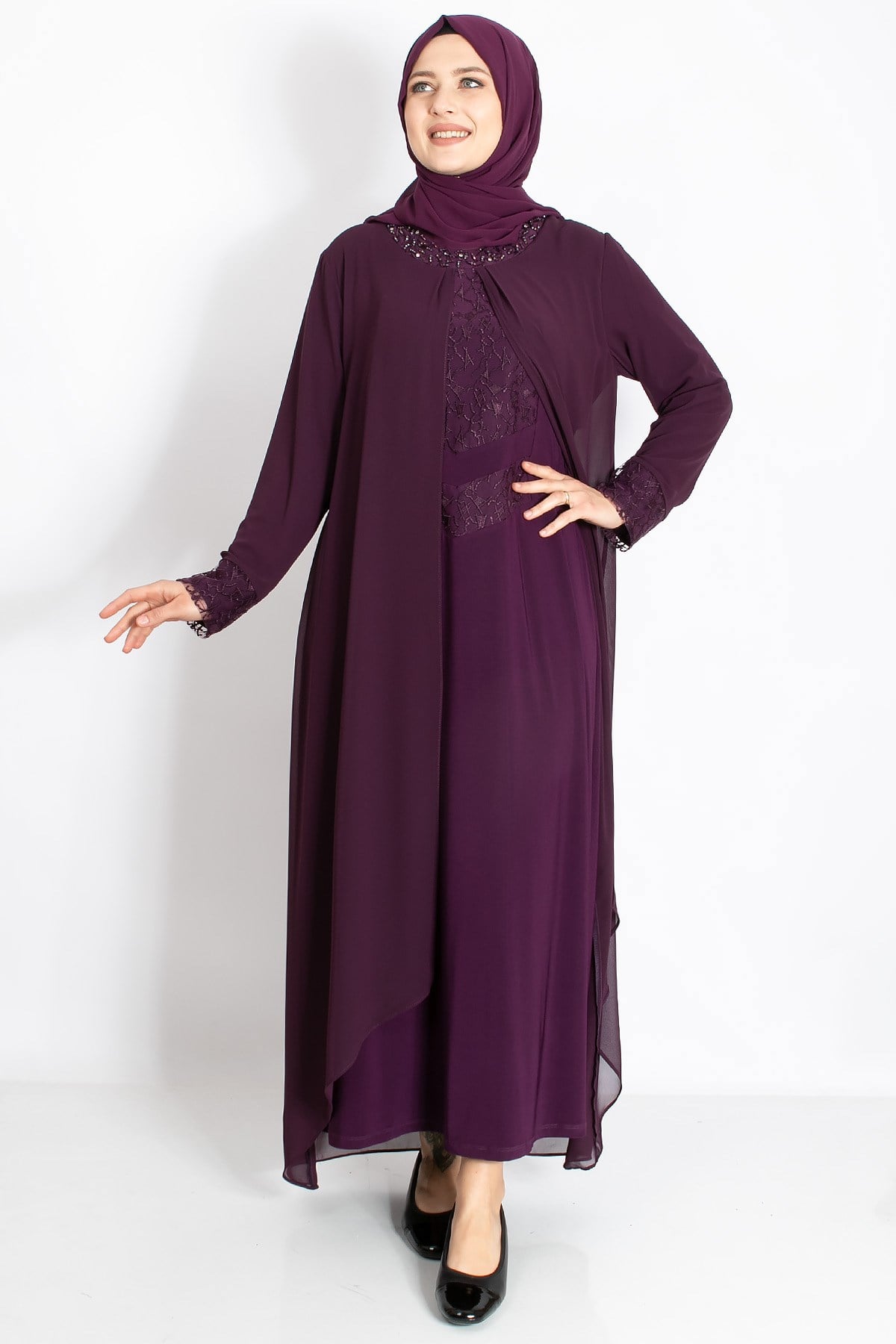 Dantel İşleme Detay Şifon Abiye Mürdüm MDA2202MDA2202-MÜRDÜMMDA