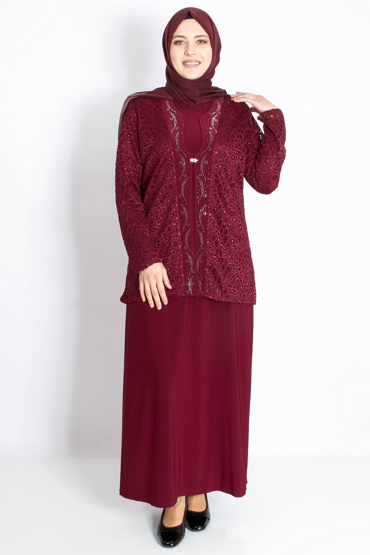 DANTEL DETAY CEKETLİ ABİYE TAKIMMDA2208-BORDOMDA