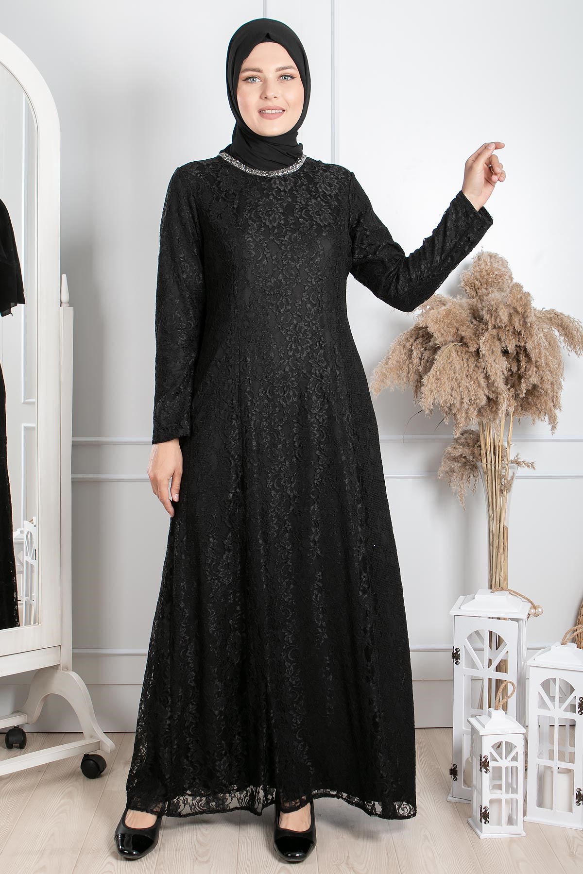 DANTEL DETAYLI TAŞ İŞLEMELİ ABİYEMDA2231-SİYAHMDA