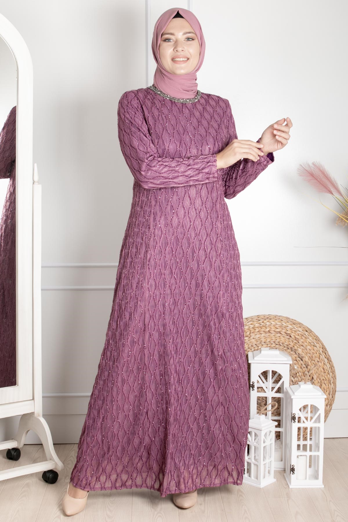 Stone Embroidered Detailed Silvery Evening DressLila MDA2232MDA2232-LİLAMDA