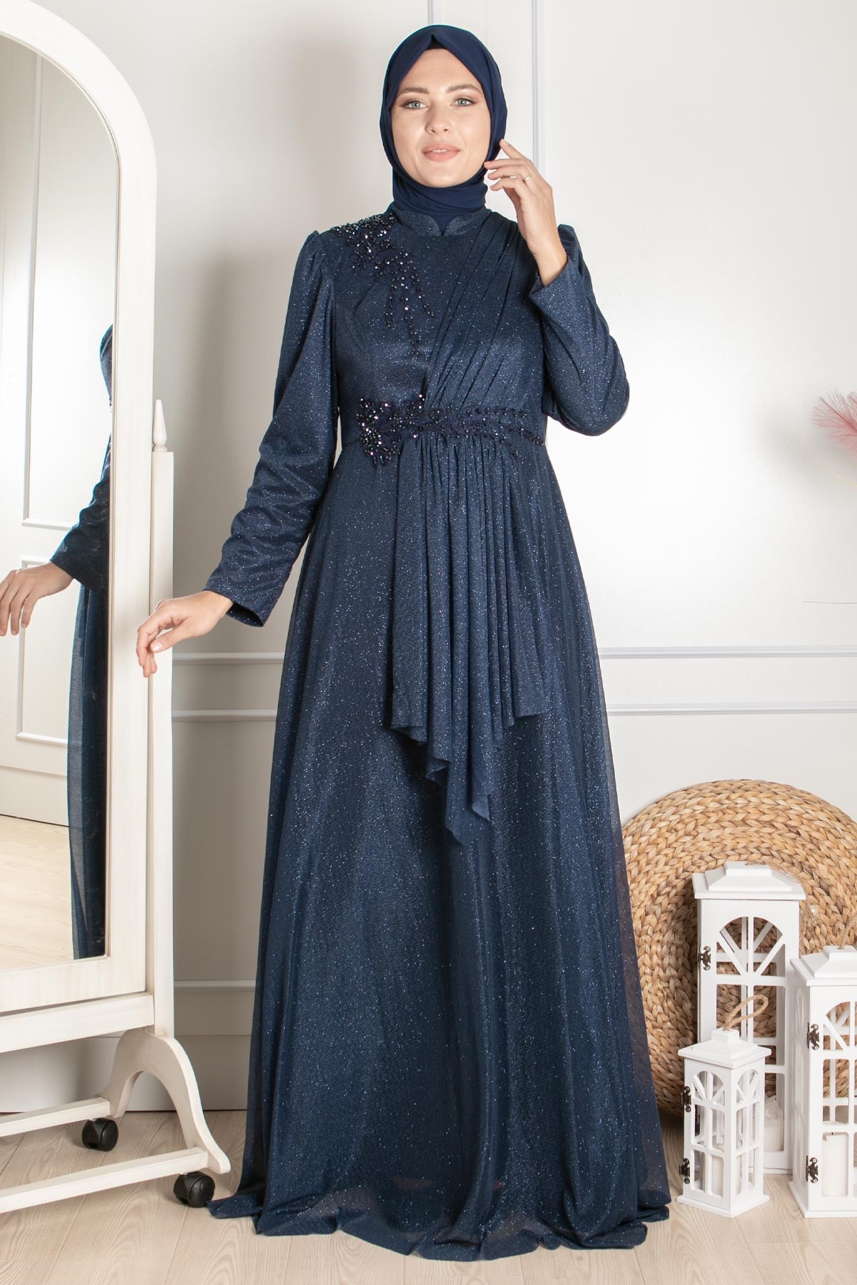 Guipure Detailed Silvery Evening Dress Dark Blue MDA2260MDA2260-LACİVERTMDA