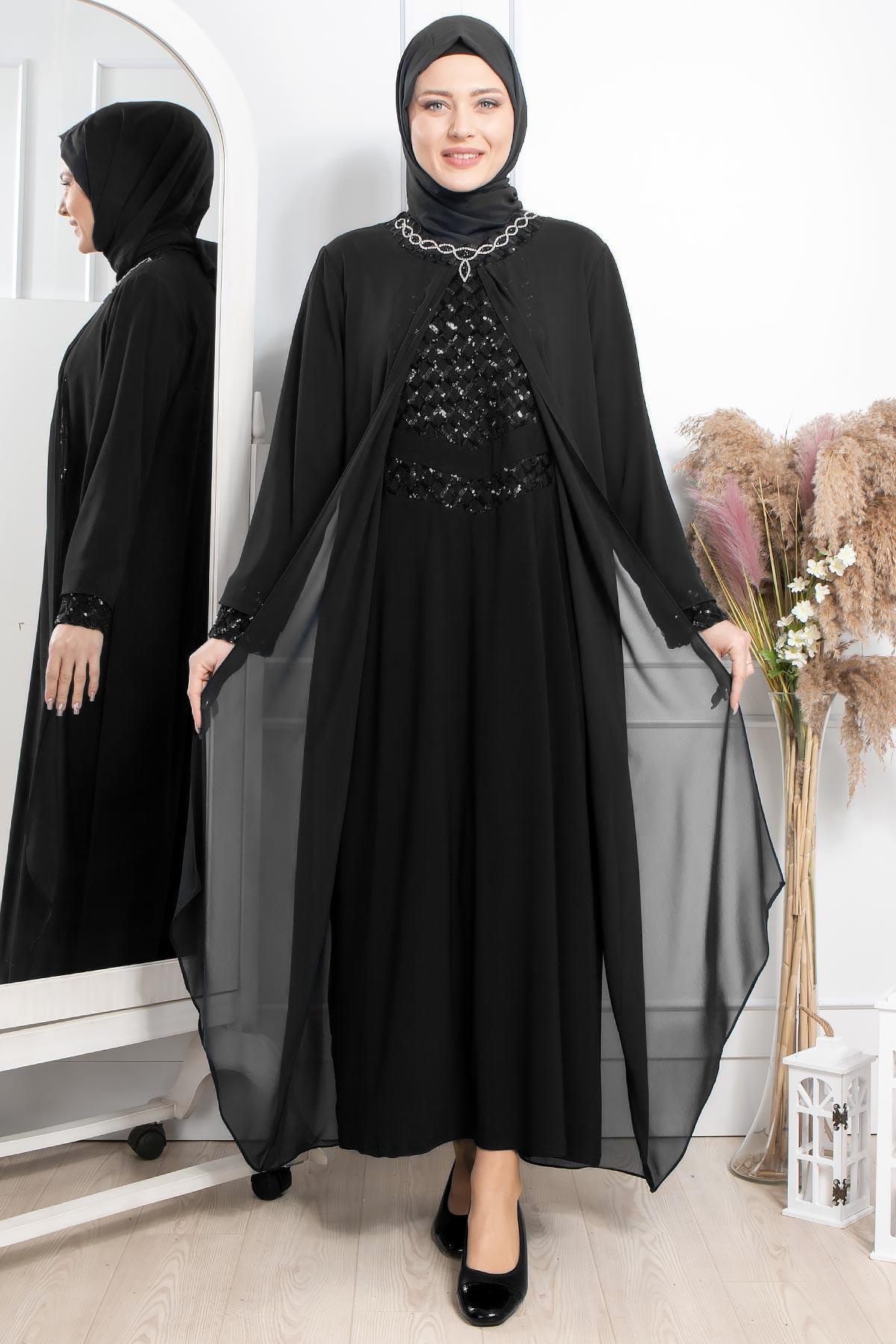 TAŞ İŞLEME DETAYLI PAYETLİ ELBİSE MDA2301-SİYAHMDA