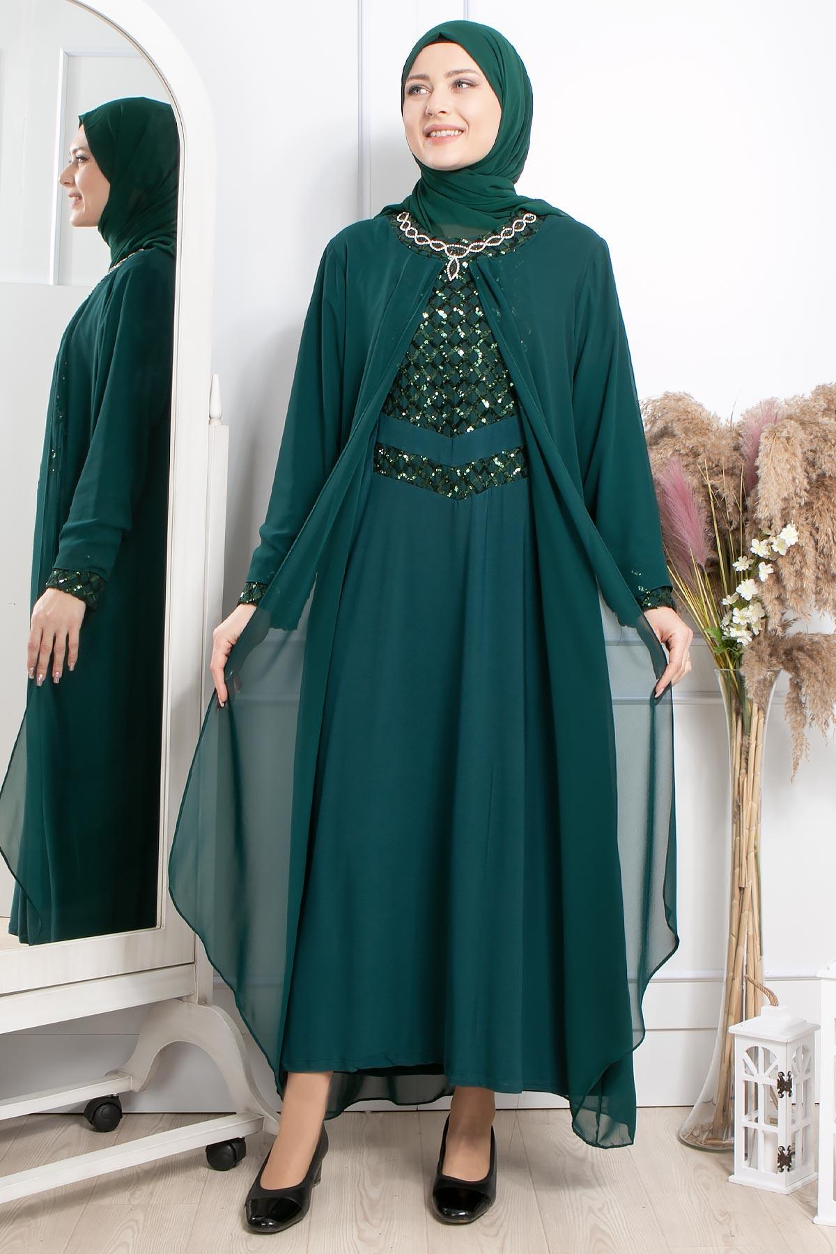 TAŞ İŞLEME DETAYLI PAYETLİ ELBİSE MDA2301-ZÜMRÜTMDA