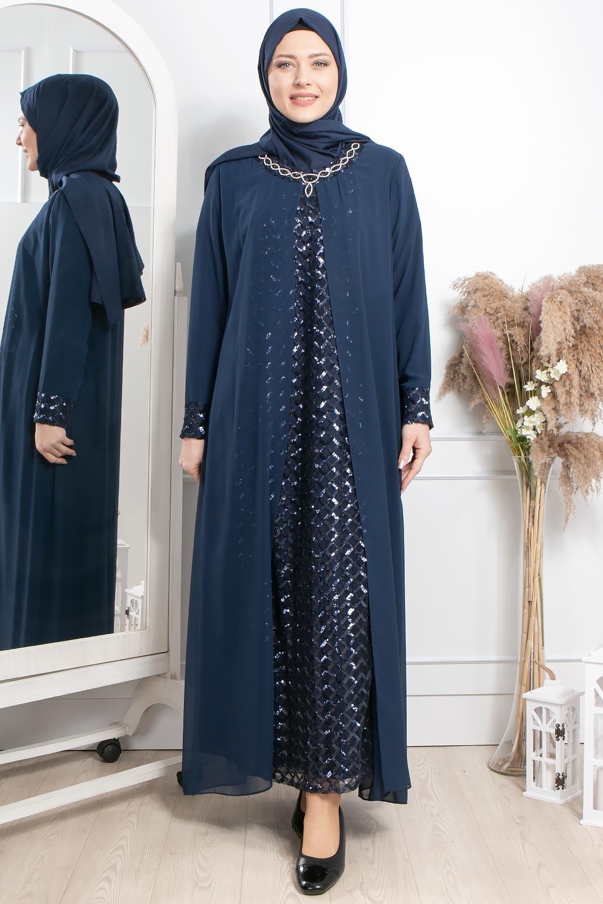 TAŞ İŞLEMELİ PUL PAYETLİ ABİYEMDA2307-LACİVERTMDA