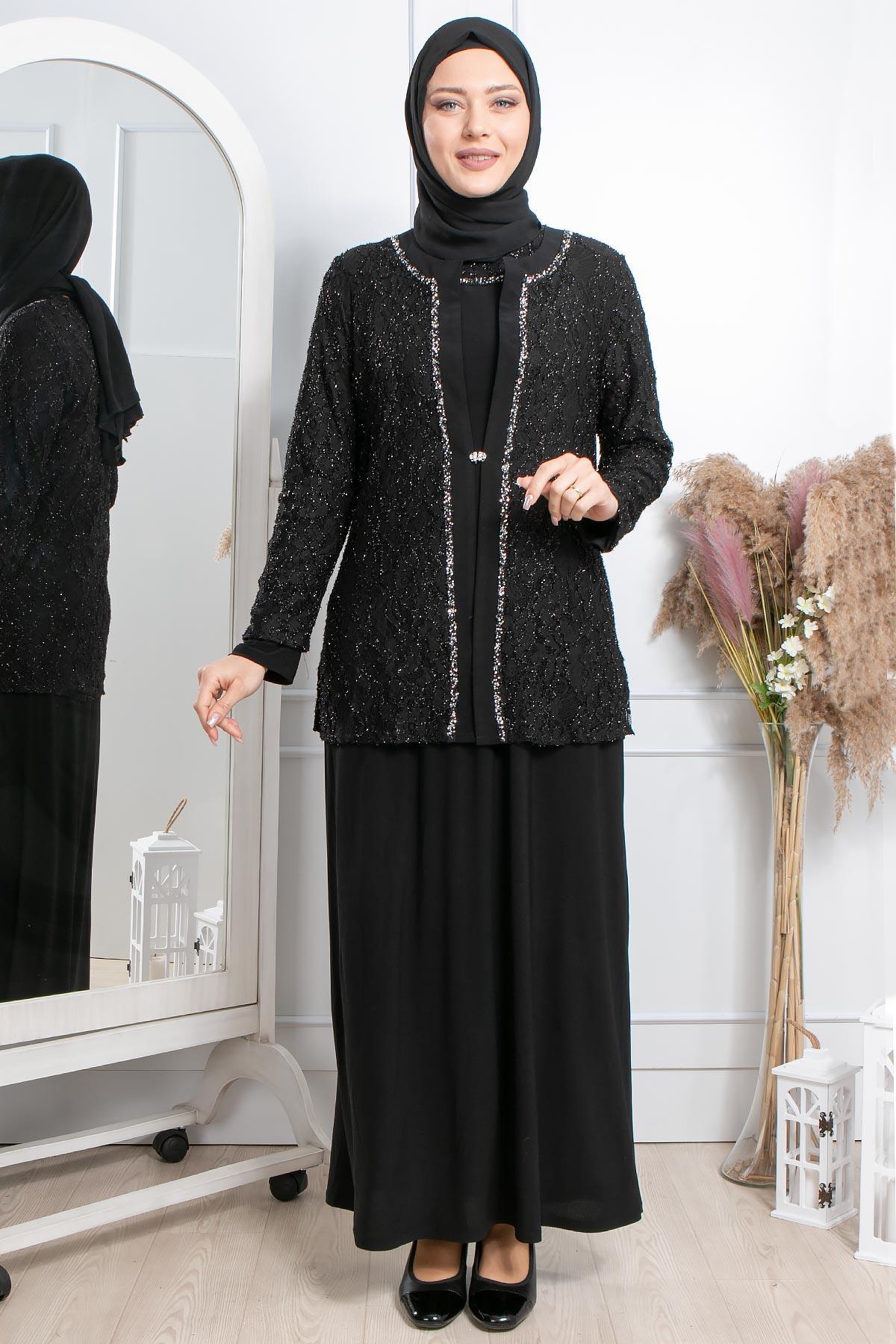 Taş İşleme Detaylı Simli Abiye Siyah MDA2317MDA2317-SİYAHMDA