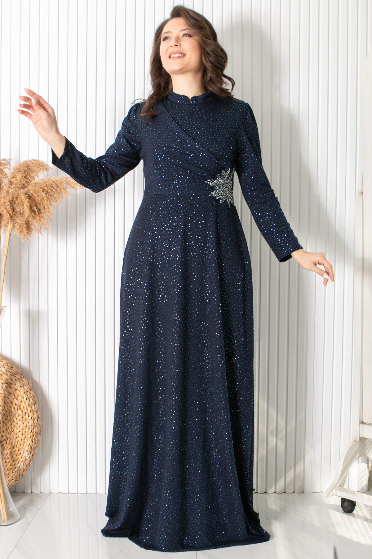 Simli Taş Baskı Detaylı Abiye Lacivert MDA2424MDA2424-LACİVERTMDA