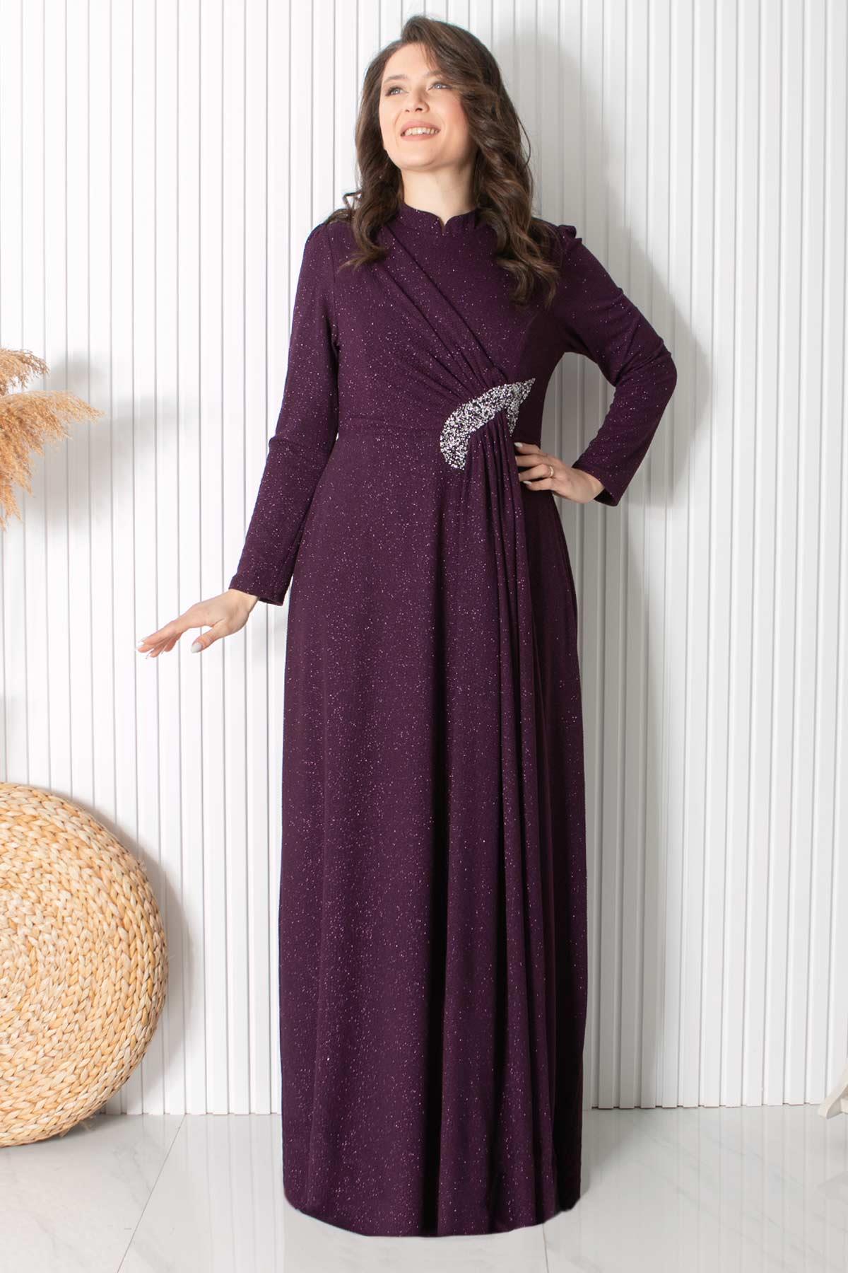 Simli Taş Baskı Detaylı Abiye Mürdüm MDA2430MDA2430-MÜRDÜMMDA