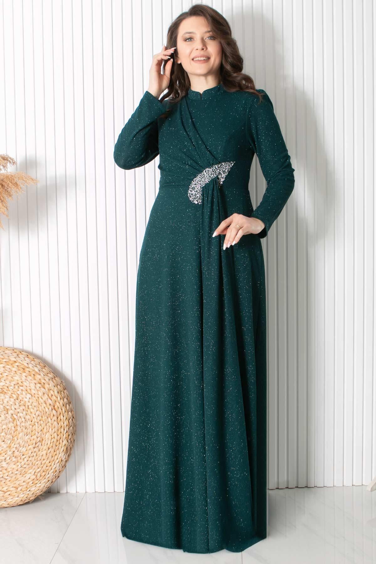 Simli Taş Baskı Detaylı Abiye Yeşil MDA2430MDA2430-YEŞİLMDA