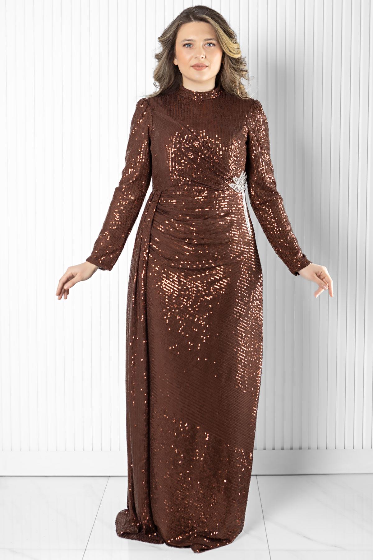 TAŞ İŞLEMELİ PAYETLİ ABİYEMDA2524-KAHVEMDA