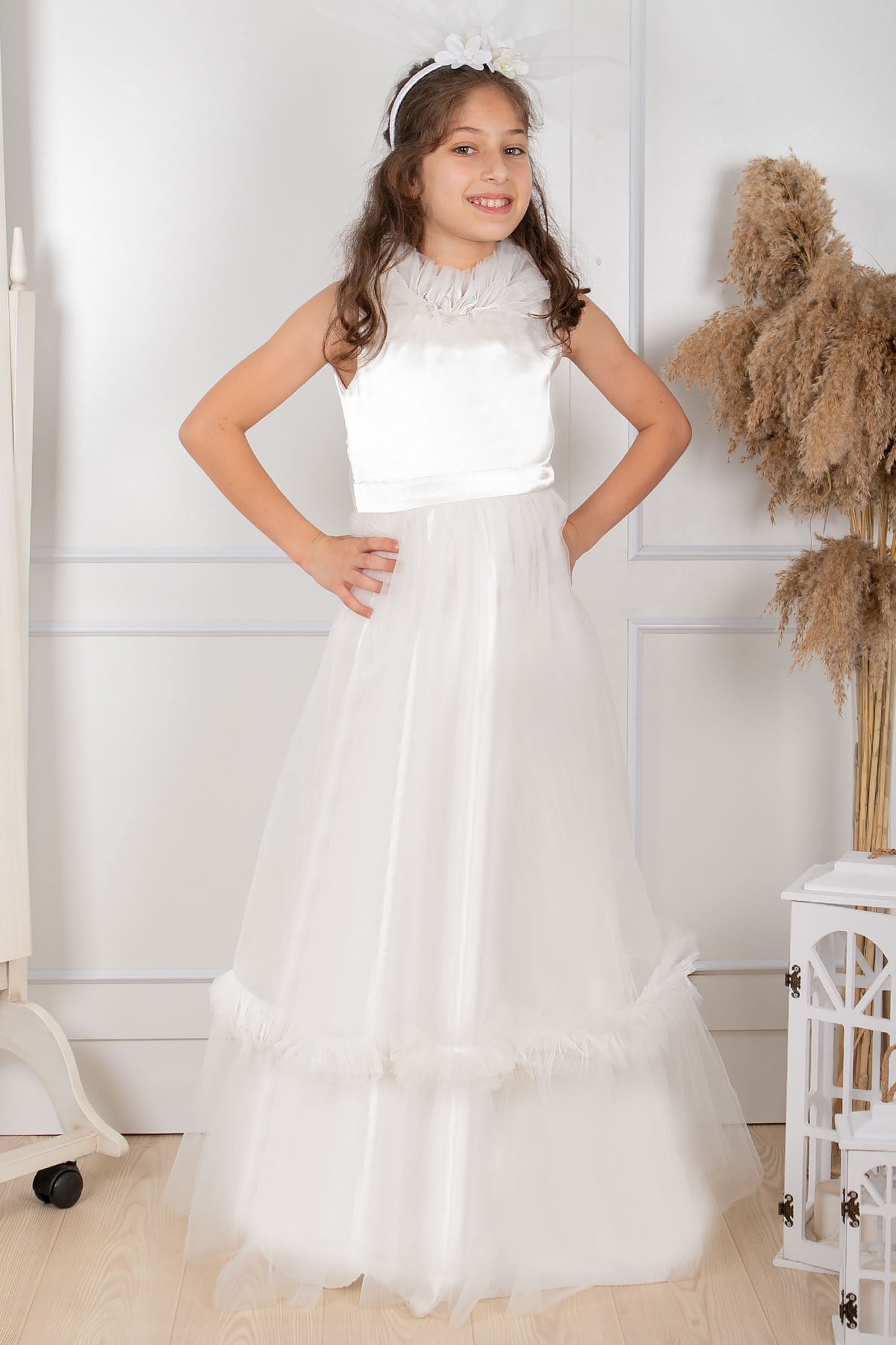 Fırfır Detaylı Tül Çocuk Abiye Ekru MDV306MDV306-EKRUModaviki