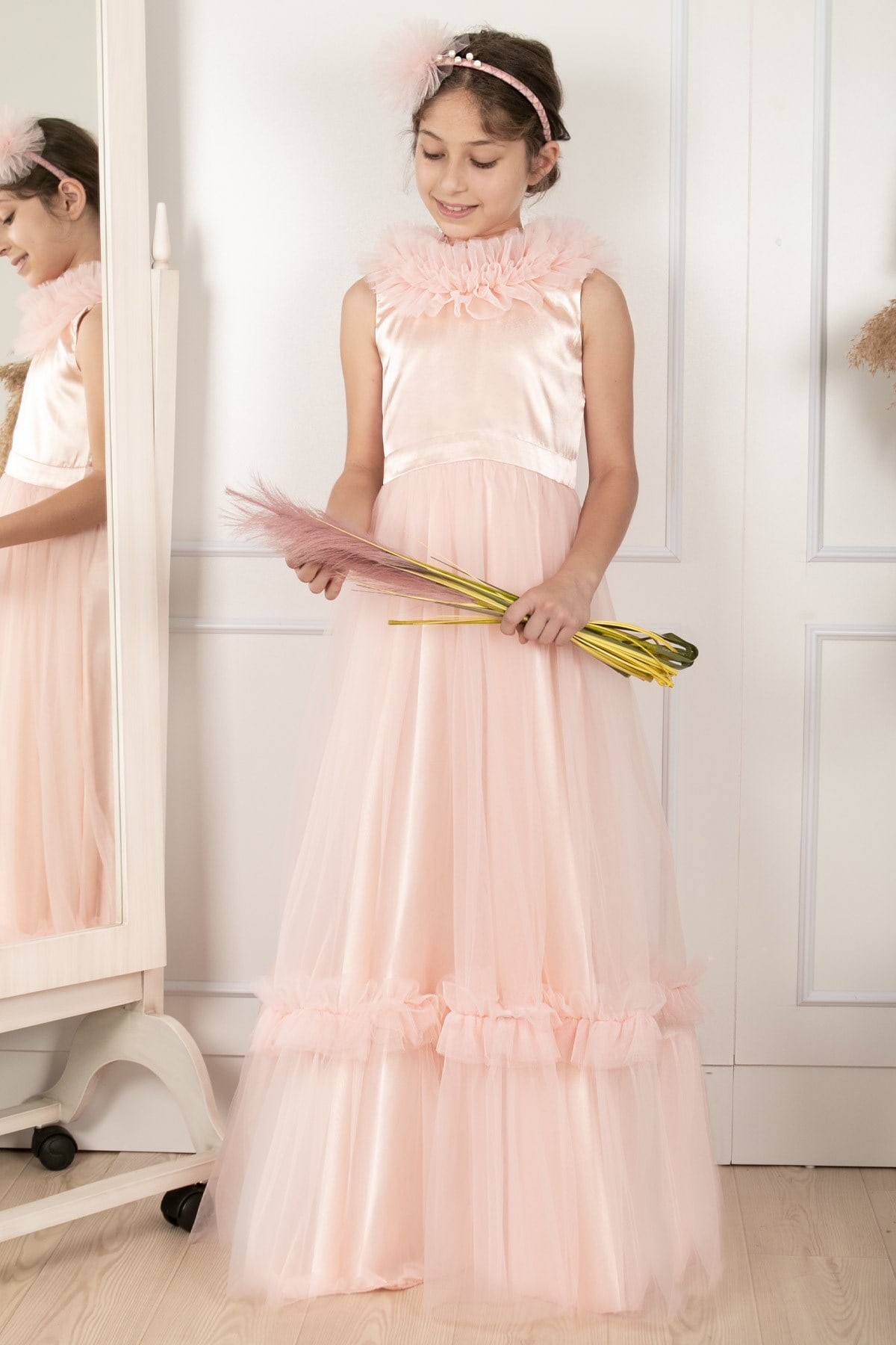 Fırfır Detaylı Tül Çocuk Abiye Pudra MDV306MDV306-PUDRAModaviki