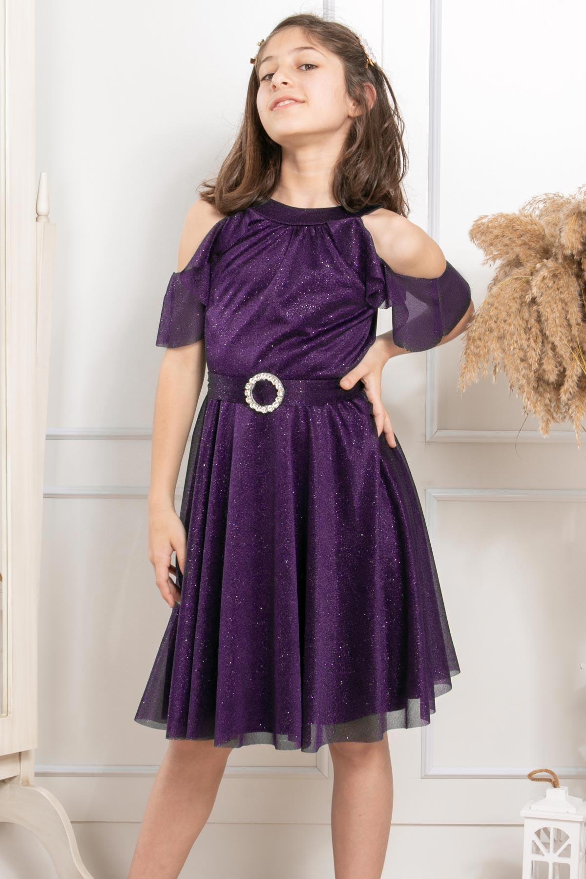 Robe de Soiree pour Enfants en Tulle Argente Violet MDV310