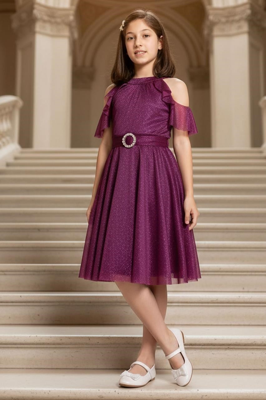 Silvery Tulle Child Evening Dress Plum MDV310 MDV310-MÜRDÜMModaviki