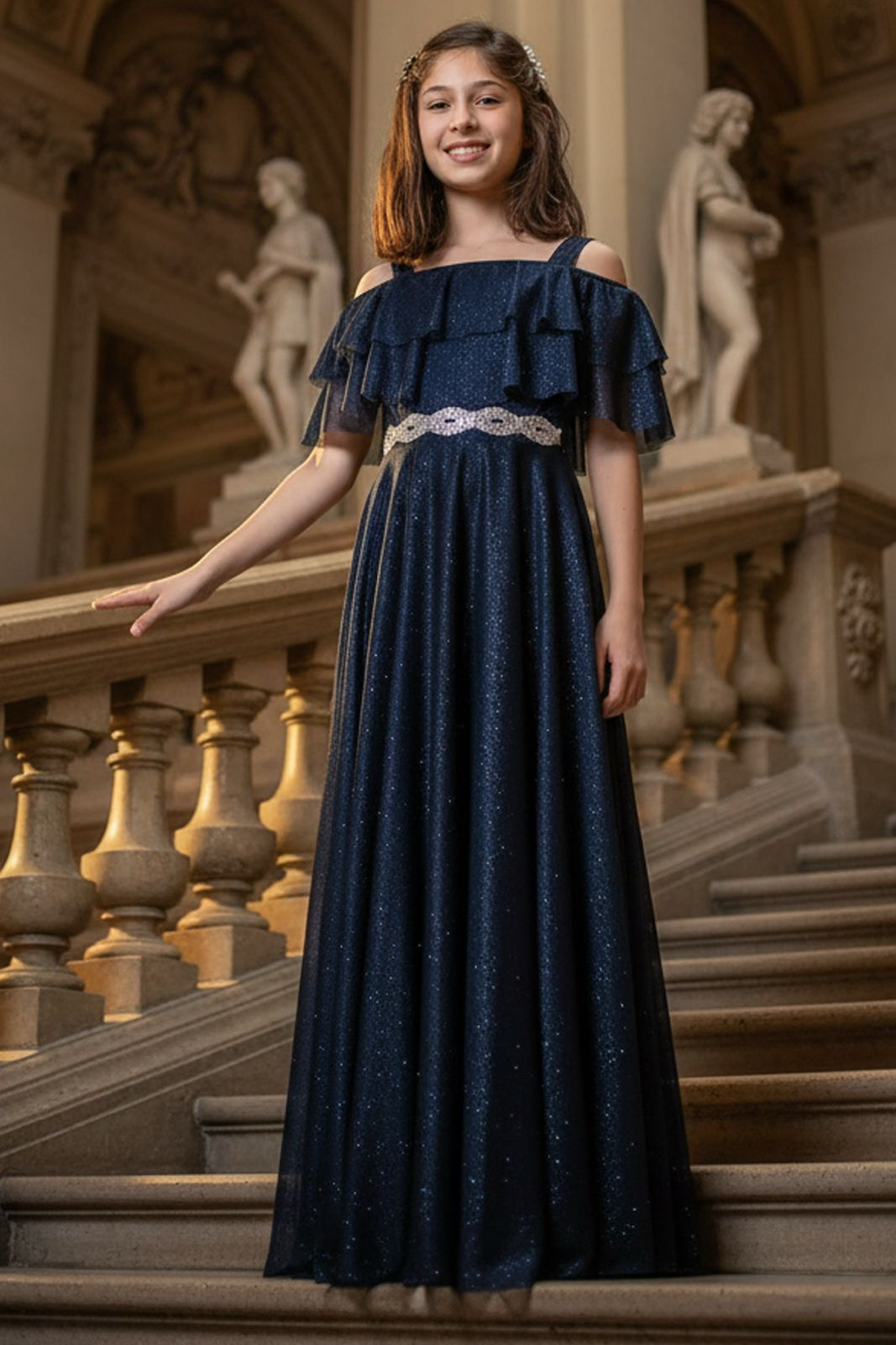 Rüschendetailliertes silbernes Tüll-Abendkleid Navy Blau MDV314MDV314-LACİVERTModaviki