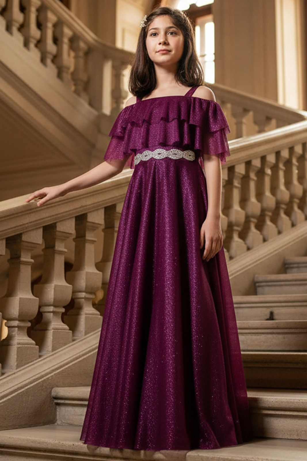 Fırfır Detaylı Simli Tül Çocuk Abiye Mor MDV314MDV314-MORModaviki