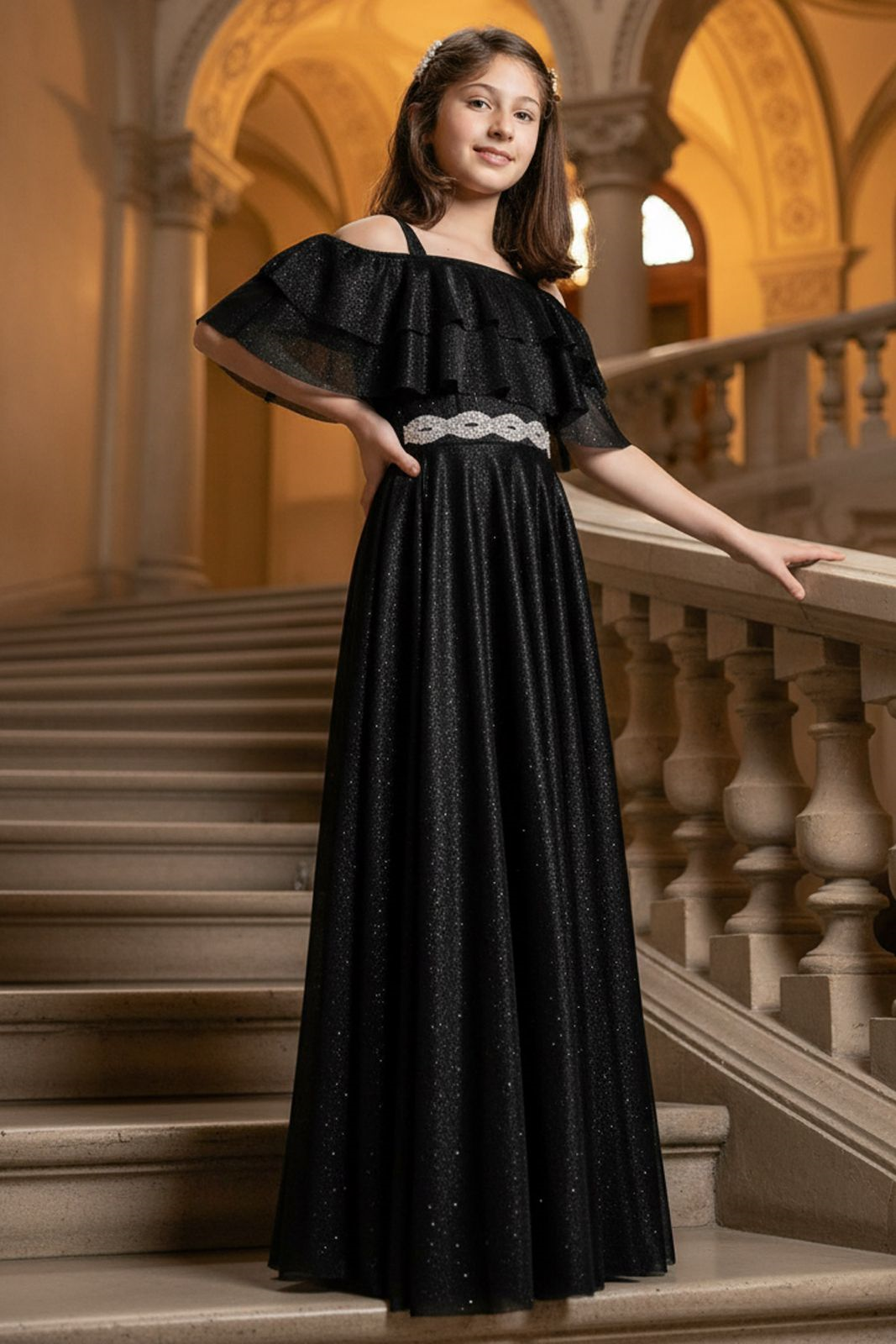 Schwarz Farbe Rüschen Detaillierte Silber Tüll Abendkleid MDV314MDV314-SİYAHModaviki