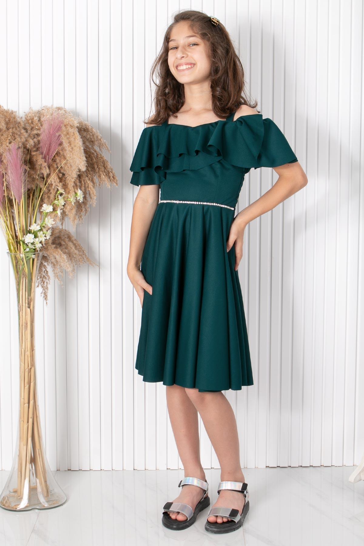 9-14 YAŞ KOL DETAYLI ABİYEMDV326-ZÜMRÜTModaviki