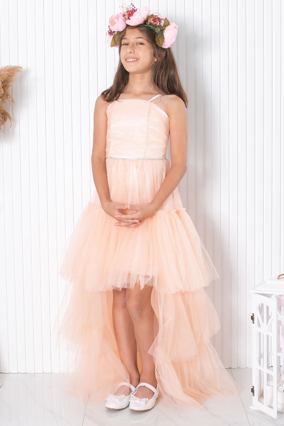 9-14 Yaş Taş İşlem Detaylı Tül Abiye Somon MDV328MDV328-SOMONModaviki