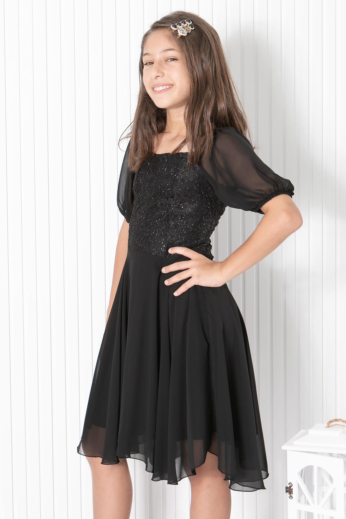 9 14 Ans Robe de Soiree En Mousseline de Soie Detaillee a Manches Ballon Noir MDV332