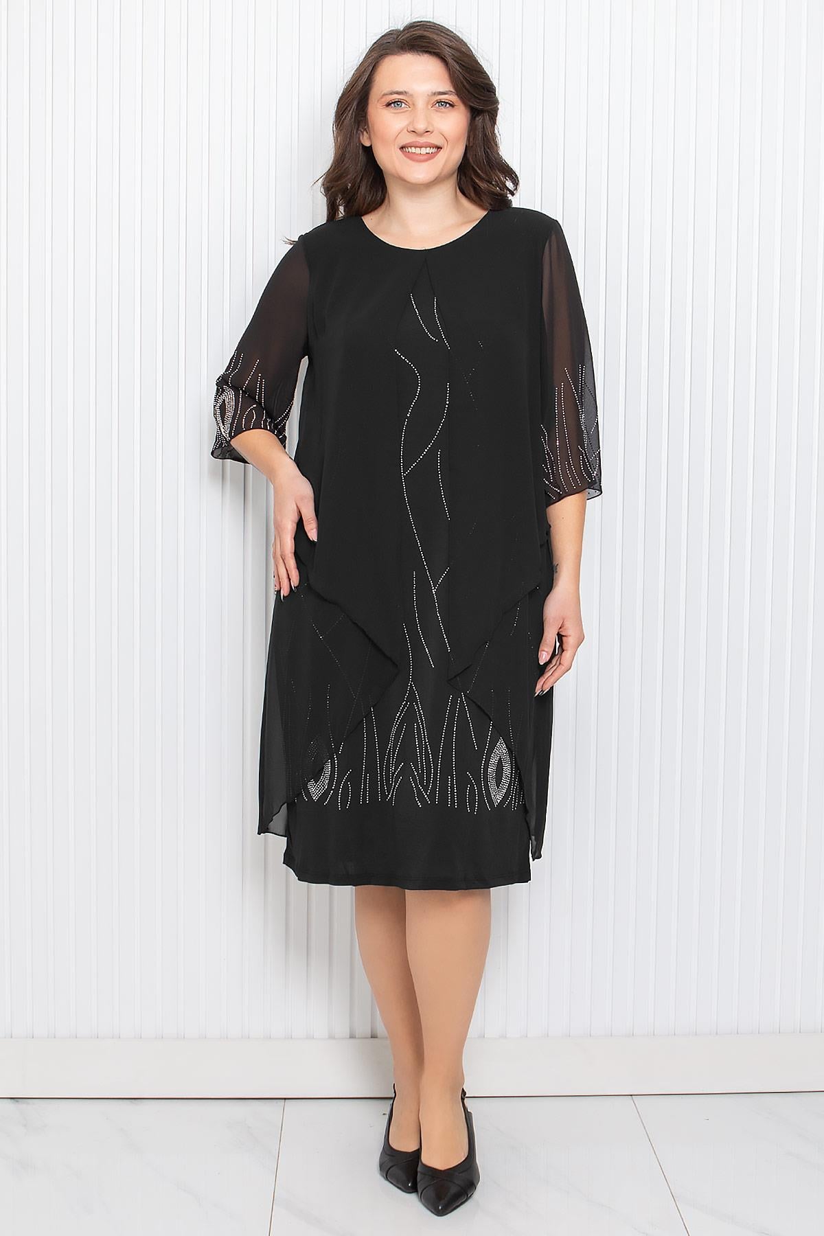 Stone Print Detailed Evening Dress Black MDV338MDV338-SİYAHModaviki