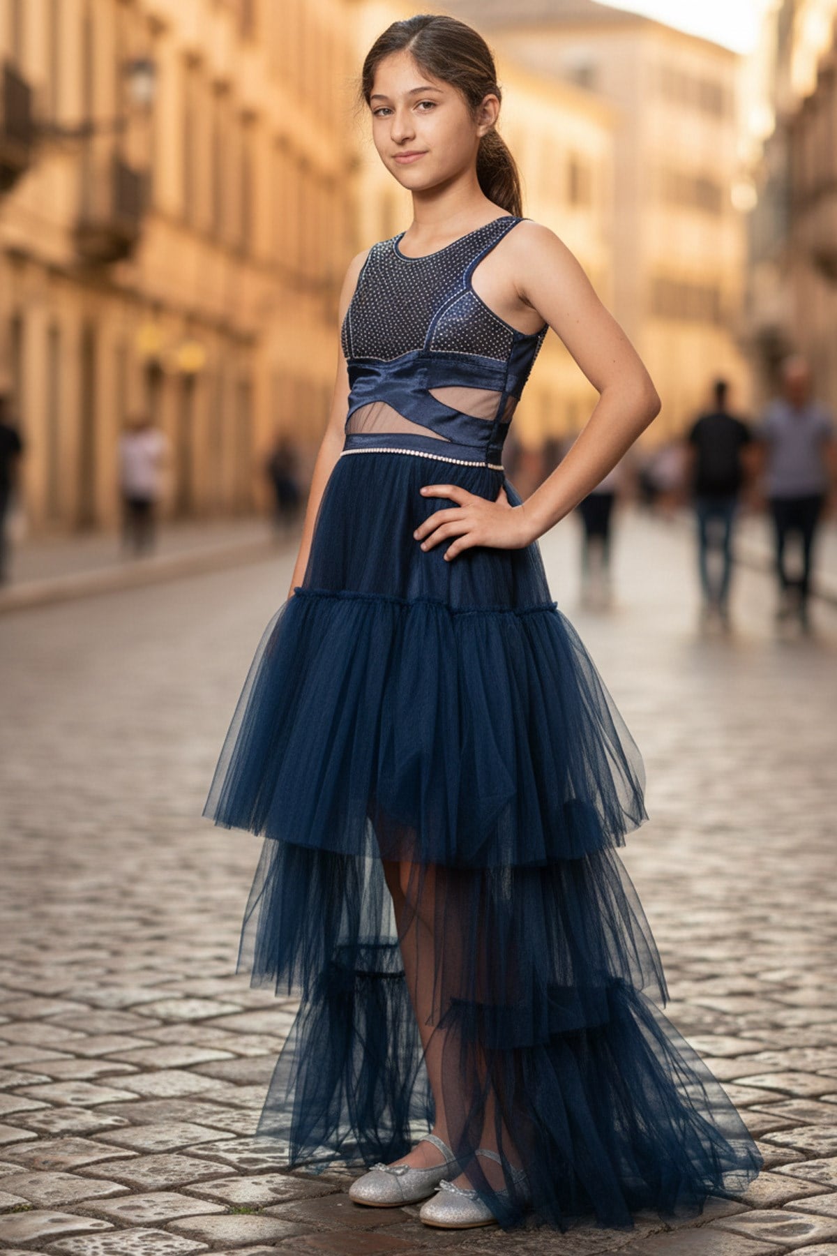 Steindruck Detail Tüll Abendkleid Navy Blau MDV340MDV340-LACİVERTModaviki
