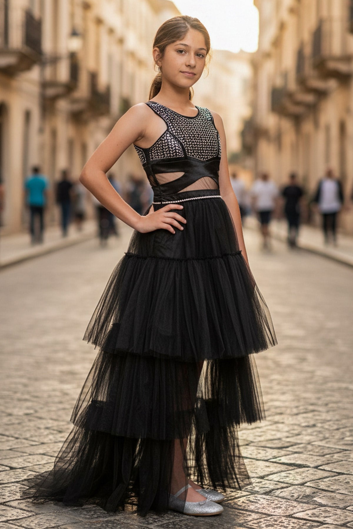 Robe de soirée en tulle détaillée à imprimé pierre Noir MDV340MDV340-SİYAHModaviki