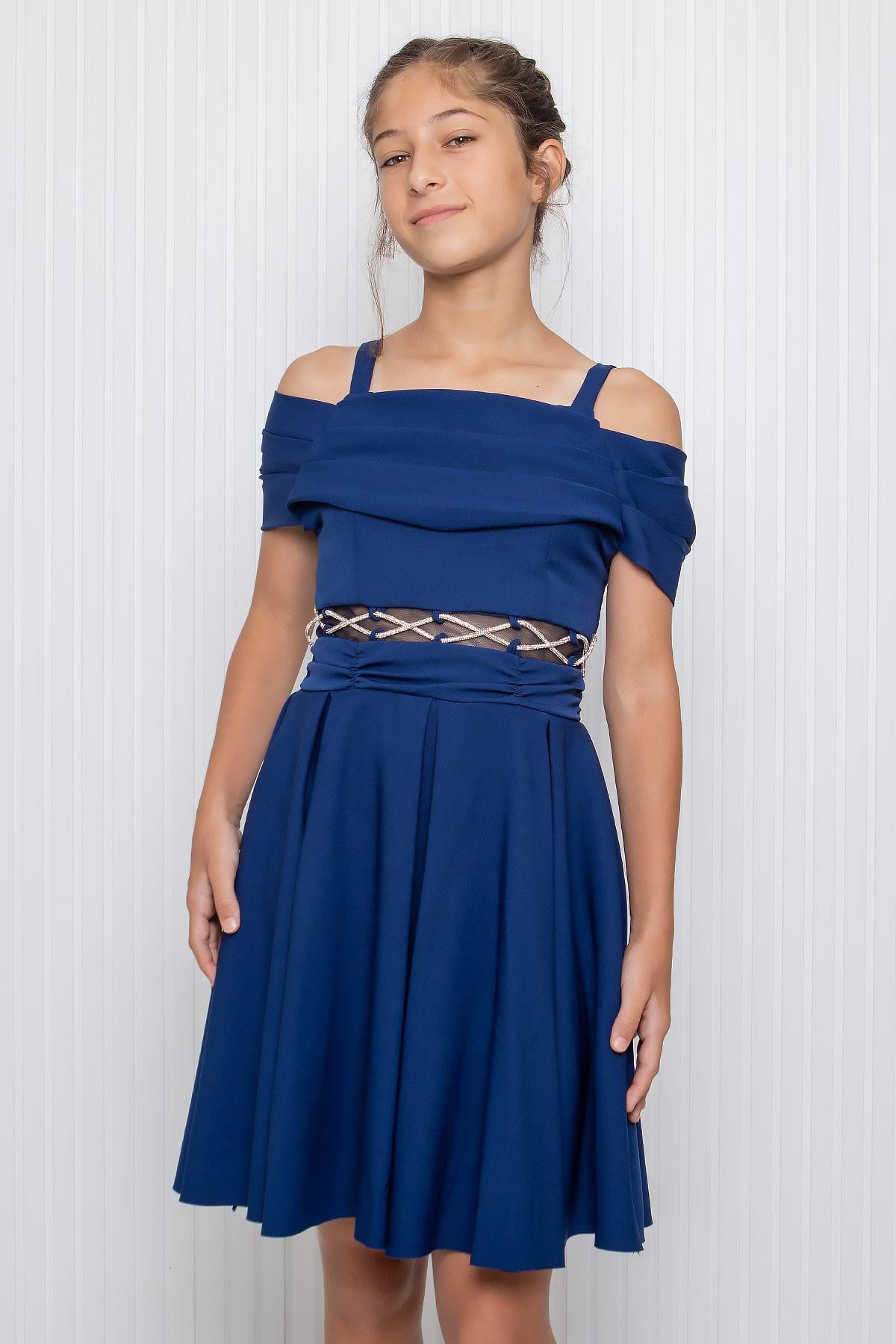 KIZ ÇOCUK BEL DETAYLI ABİYE ELBİSEMDV348-LACİVERTModaviki