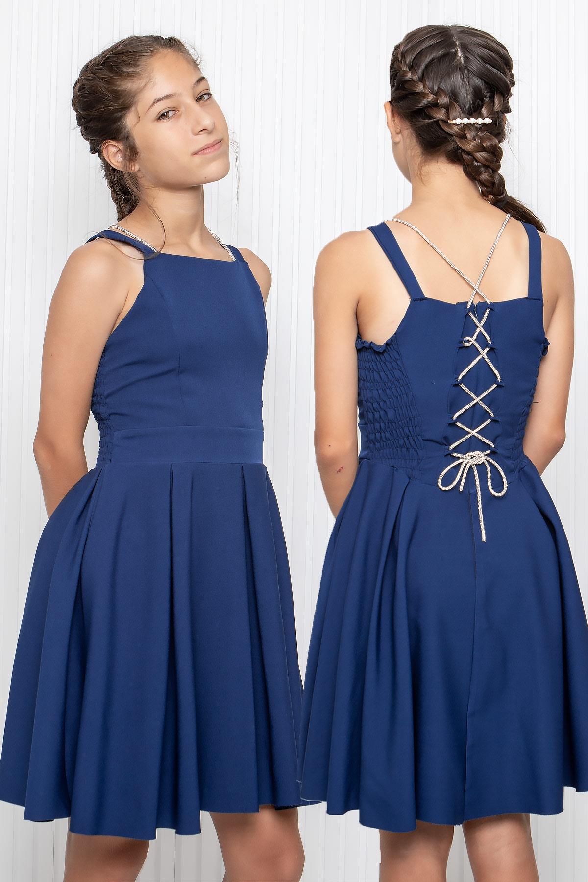 KIZ ÇOCUK SIRT DETAYLI KREP ABİYE ELBİSEMDV354-LACİVERTModaviki