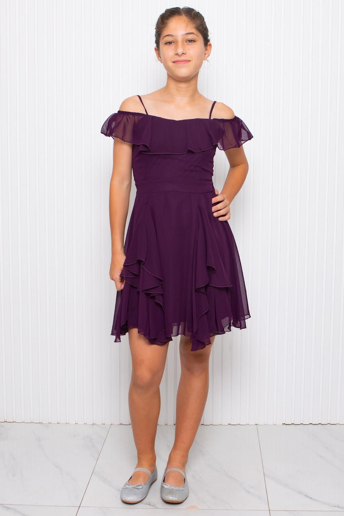 ASKILI ŞİFON ÇOCUK ABİYEMDV356-MORModaviki