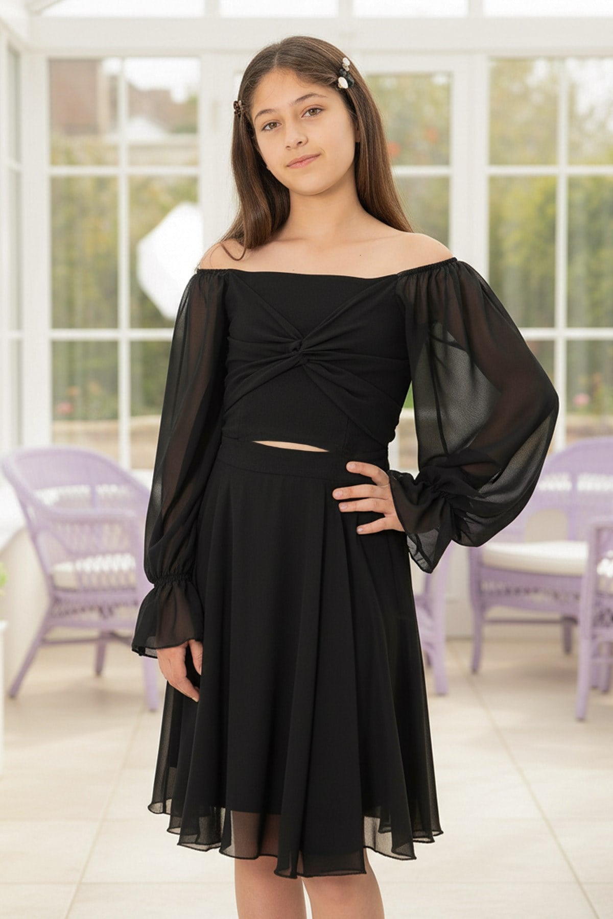 Balloon Sleeve Chiffon Evening Dress Plum MDV934MDV934-SİYAHModaviki