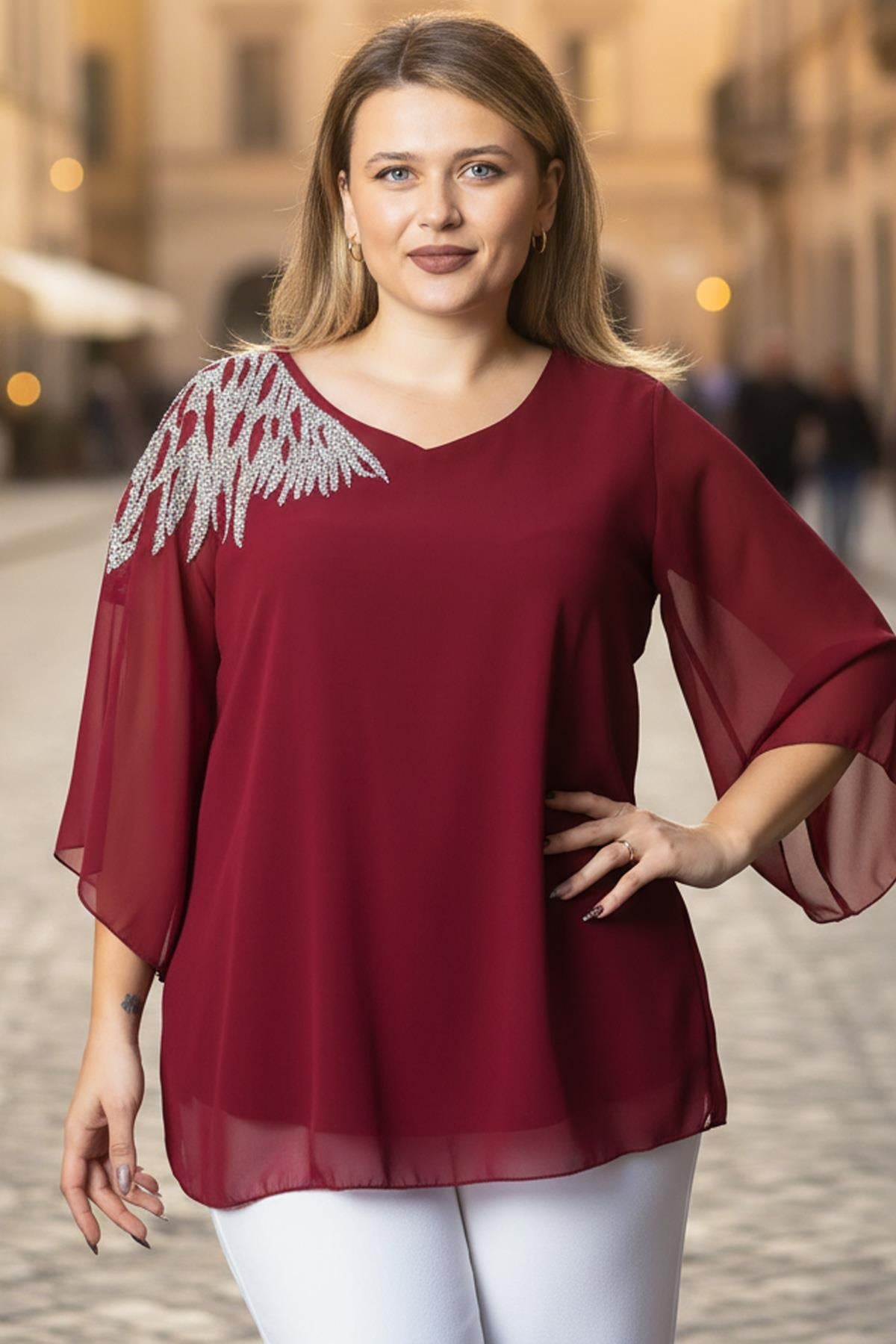Tek Omuz İşlemeli Şifon Bluz  Bordo MDV972MDV972-BordoModaviki