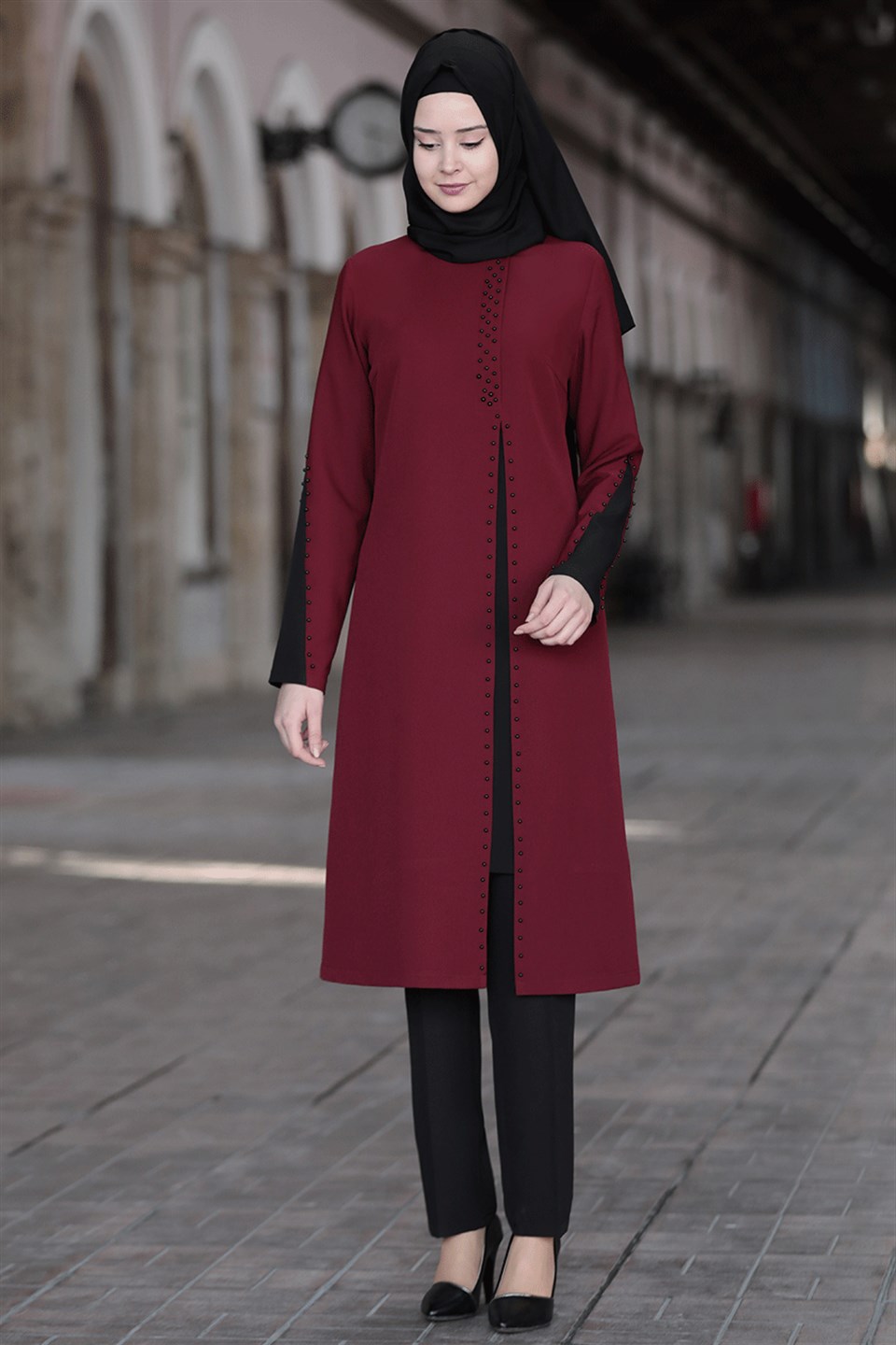 Tunic - Pants - 2 Piece Suit - Crepe - Unlined - Crew Neck - Claret Red - SN12