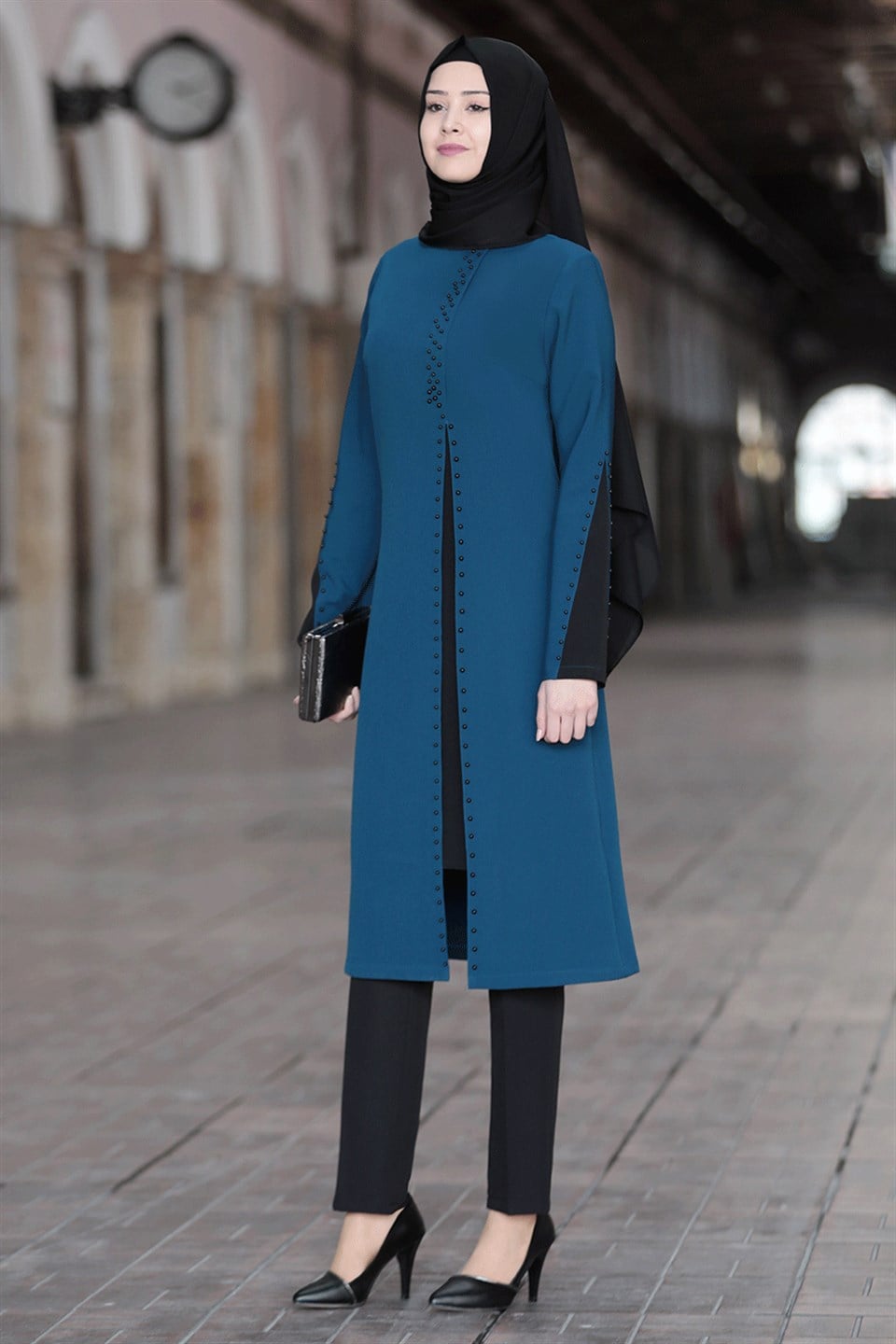 Tunique - Pantalon - Ensemble 2'er Set - Crêpe - Sans Doublure - Ras du Cou - Petrol - SN12